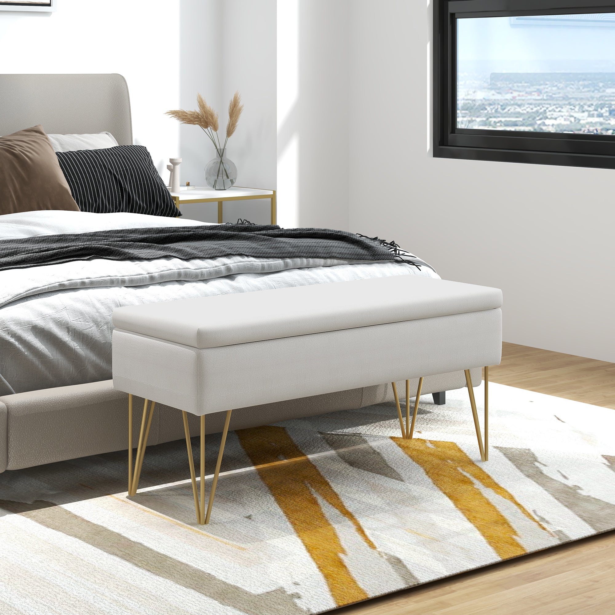 HOMCOM Panca Fondo Letto Con Design A Bottoni, Panca Imbottita In Tessuto Effetto Lino E Legno, 141x44x65 Cm, Beige
