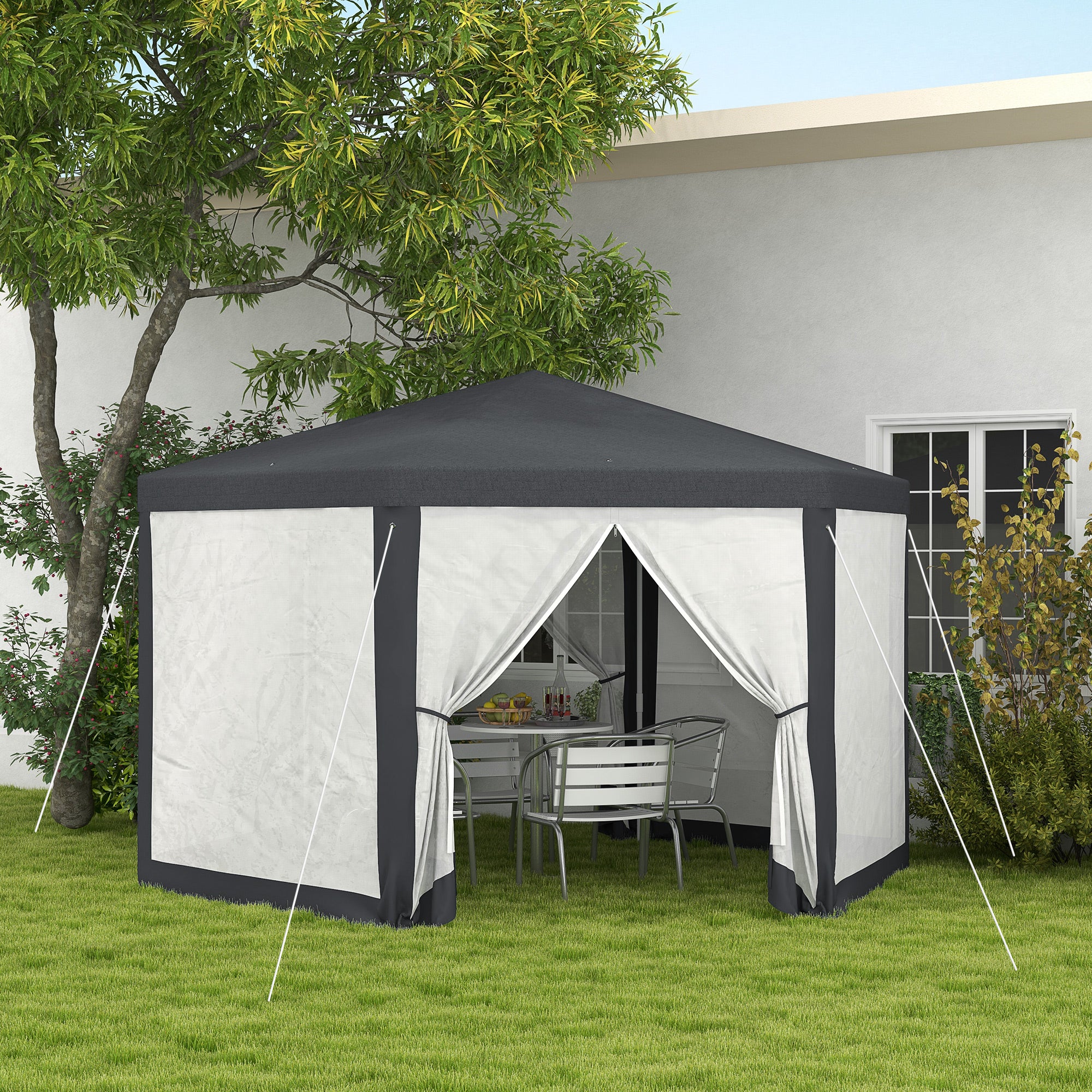 Gazebo da Giardino Esagonale con Doppio Ingresso 3.94x3.94x2.5 m in Metallo e Poliestere Grigio...