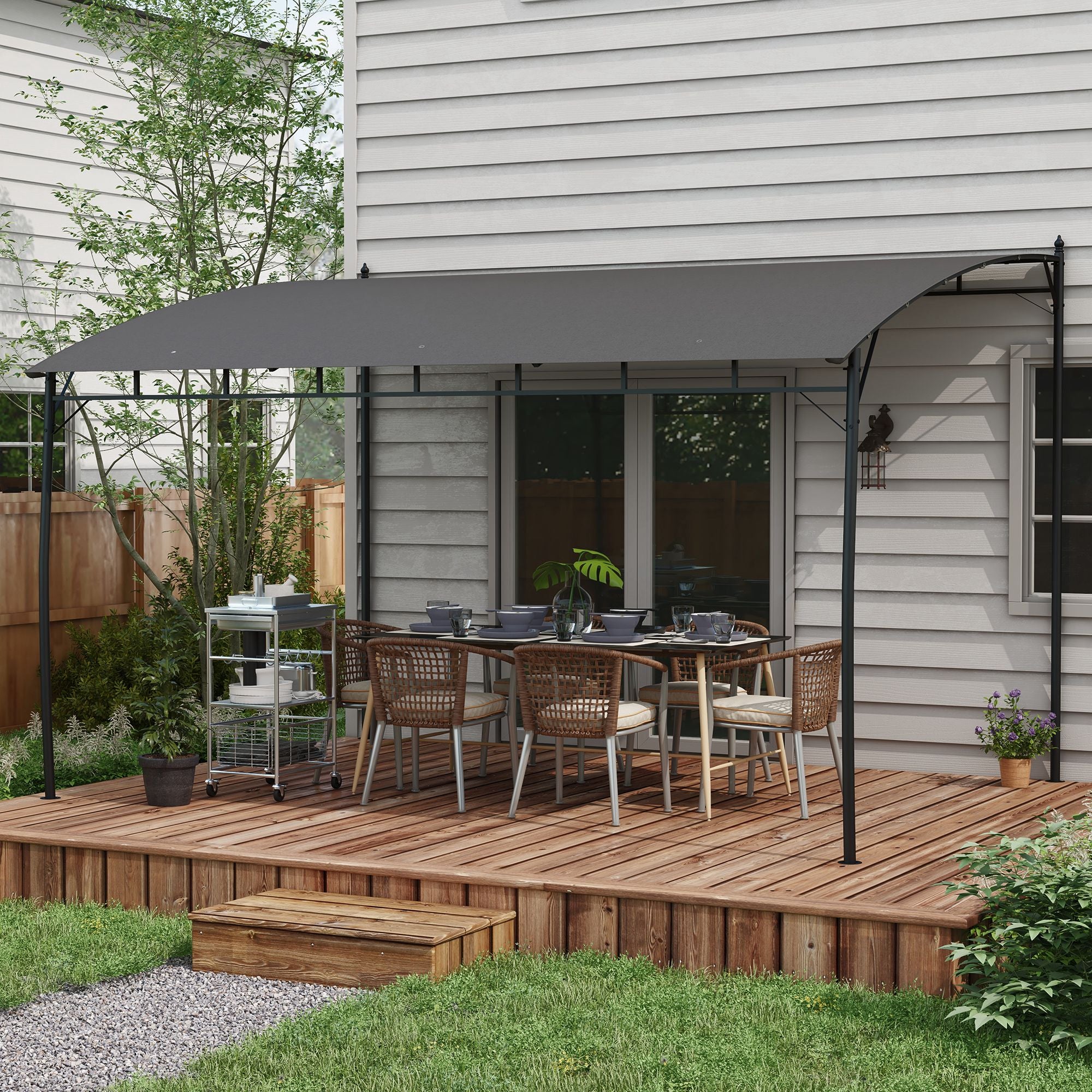 Pergola Gazebo con 3 Fori di Drenaggio 400x296x200/262 cm in Metallo e Poliestere Grigio Scuro...