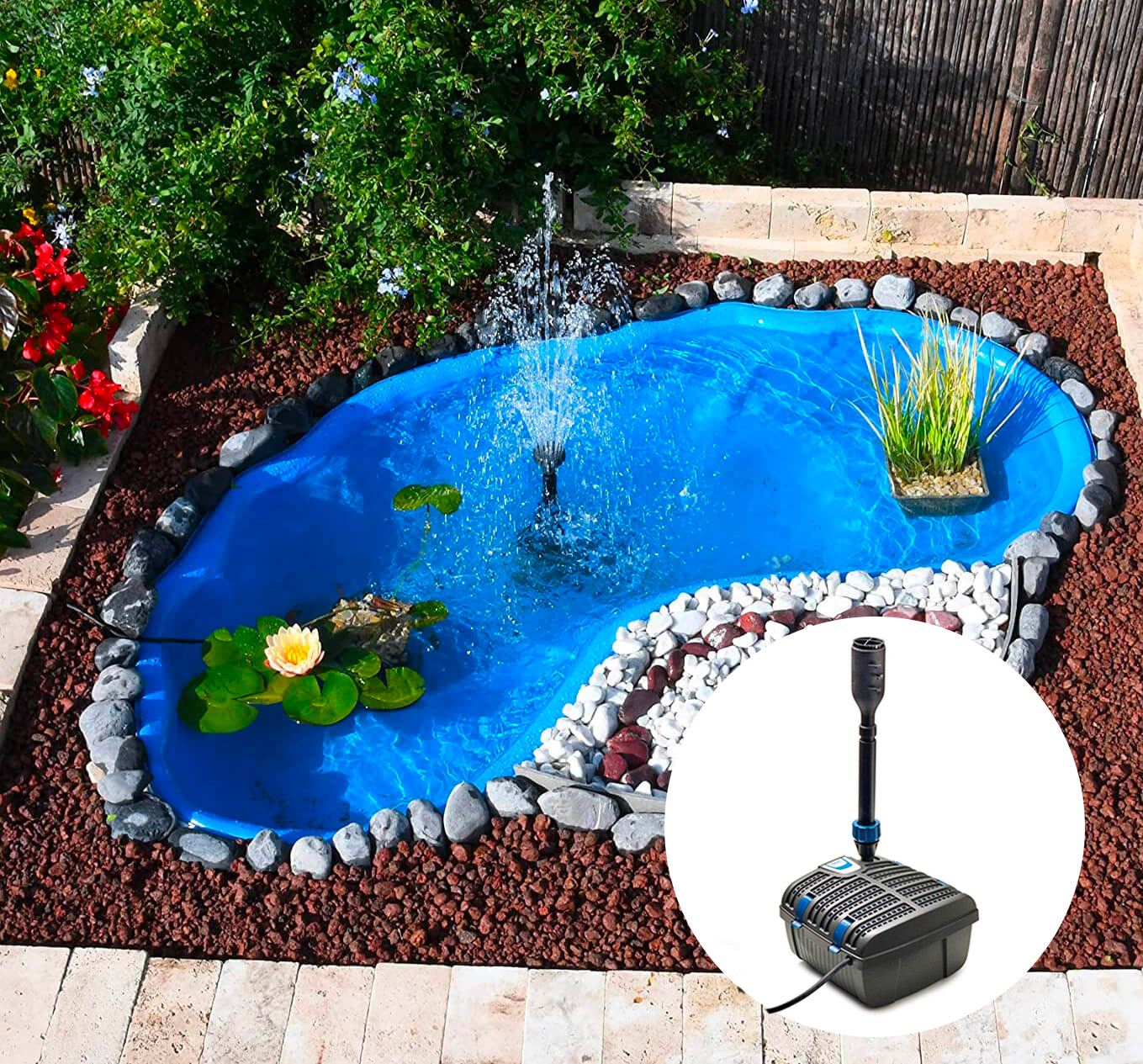 Kit Laghetto Artificiale + Pompa Filtro da Giardino 185x115x36 cm in Polietilene 270 Litri Azzurro