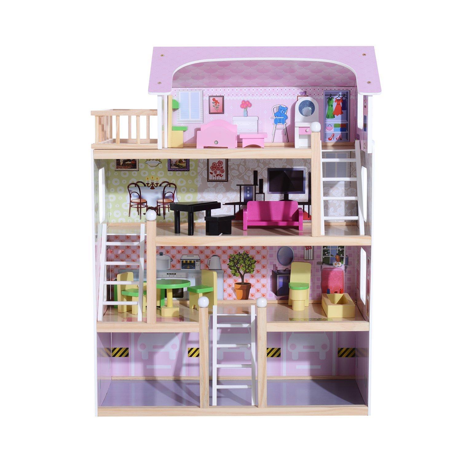 Casa delle Bambole per Bambini a 4 Piani in Legno con Accessori Rosa 60x30x80 cm 