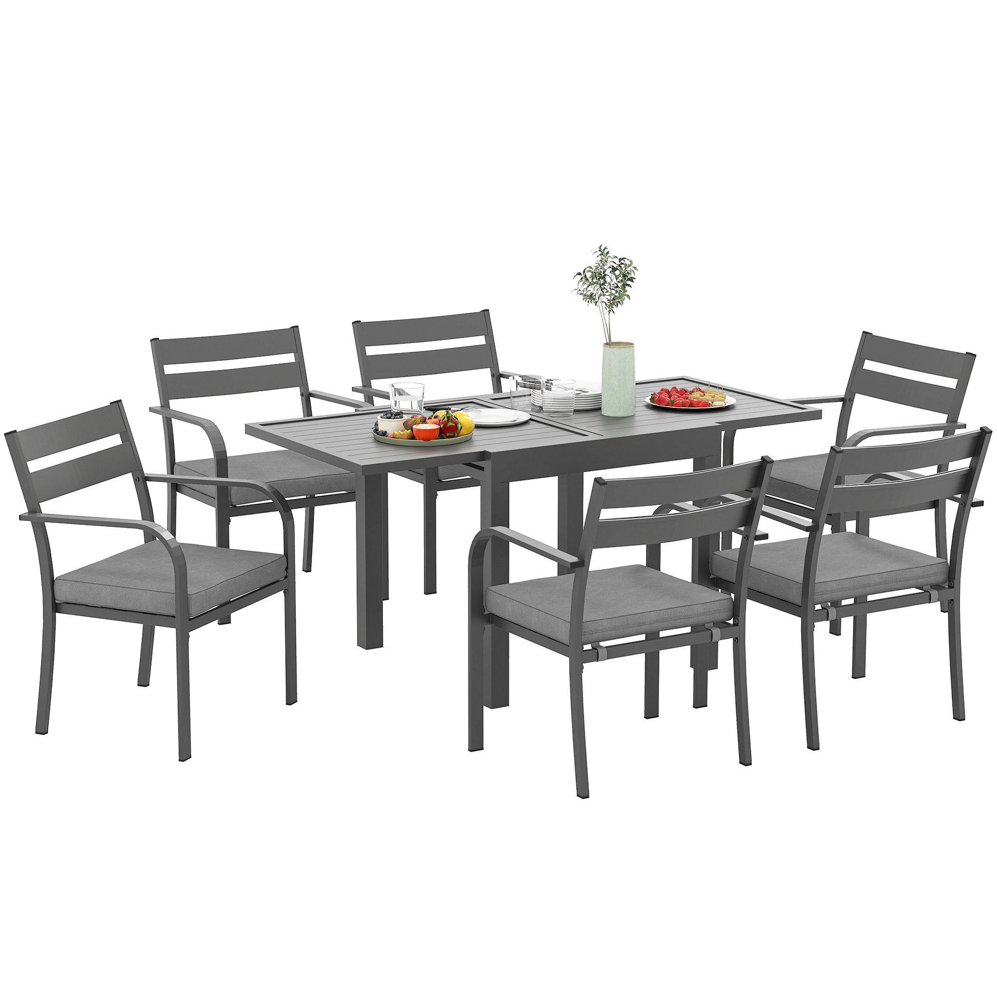 Set da Giardino con Tavolo Allungabile e 6 Sedie Impilabili con Cuscini Grigio