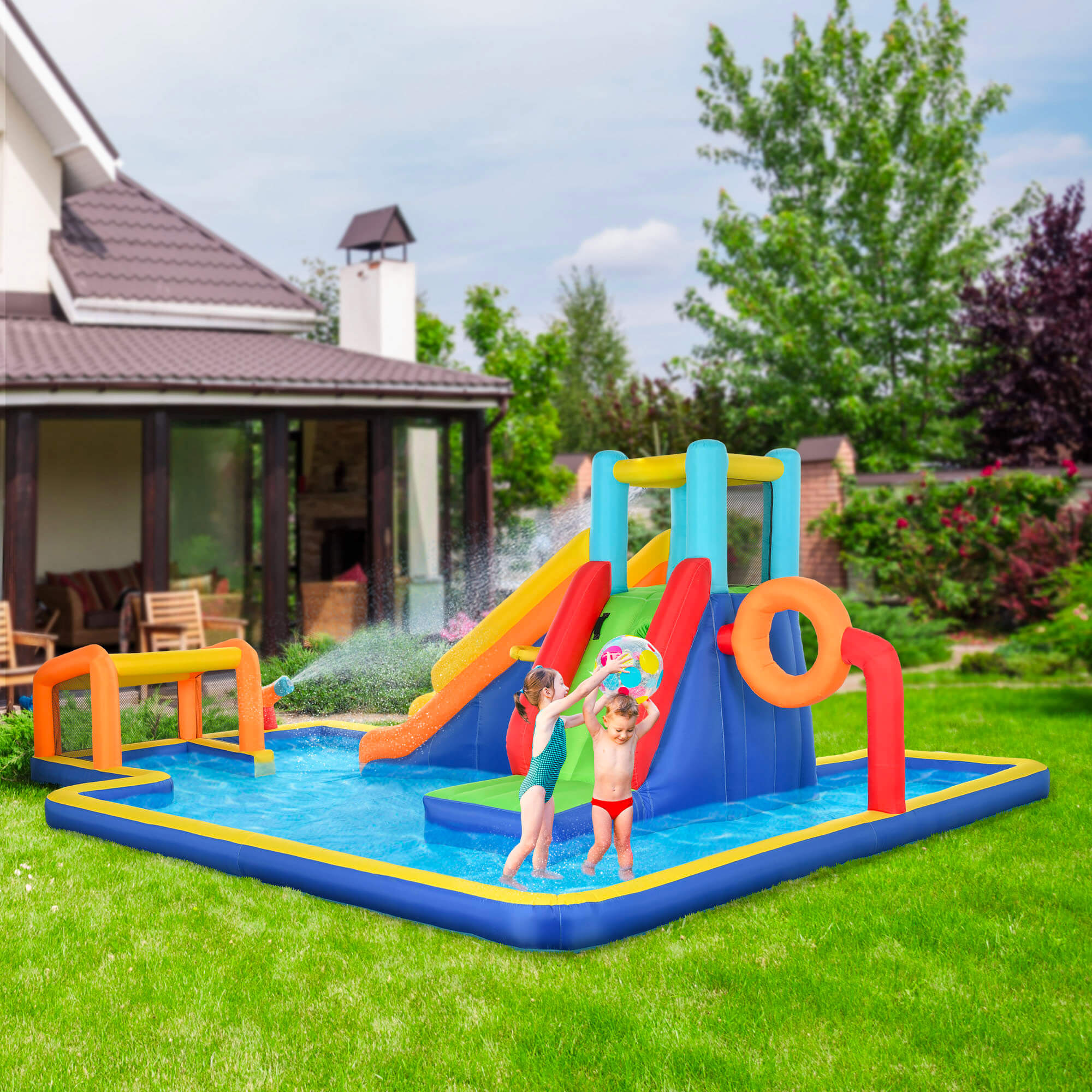 Castello Gonfiabile per Bambini 590x460x220 cm con Scivolo Porta e Canestro in Tessuto Oxford...