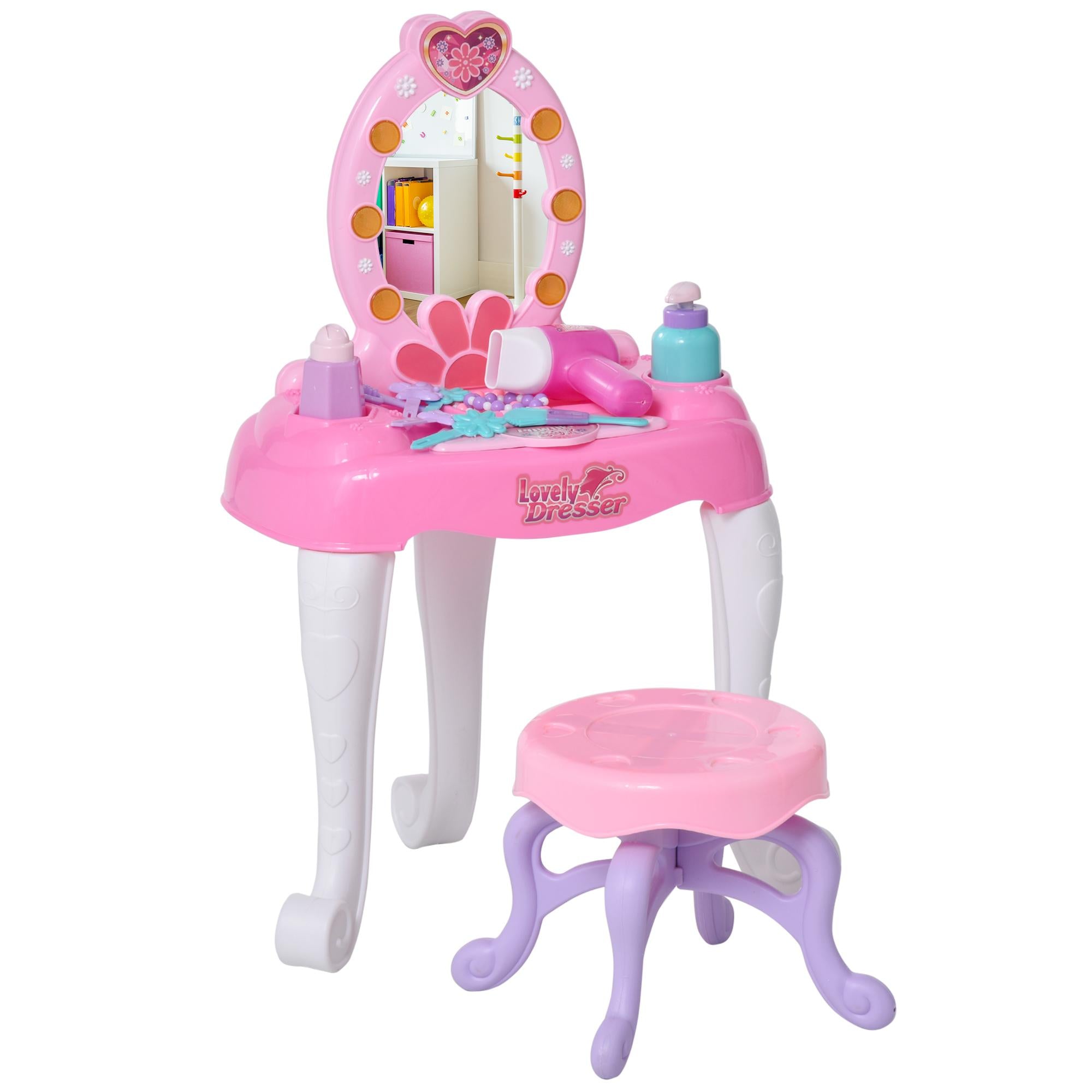 Specchiera Giocattolo per Bambini con Sgabello   Rosa