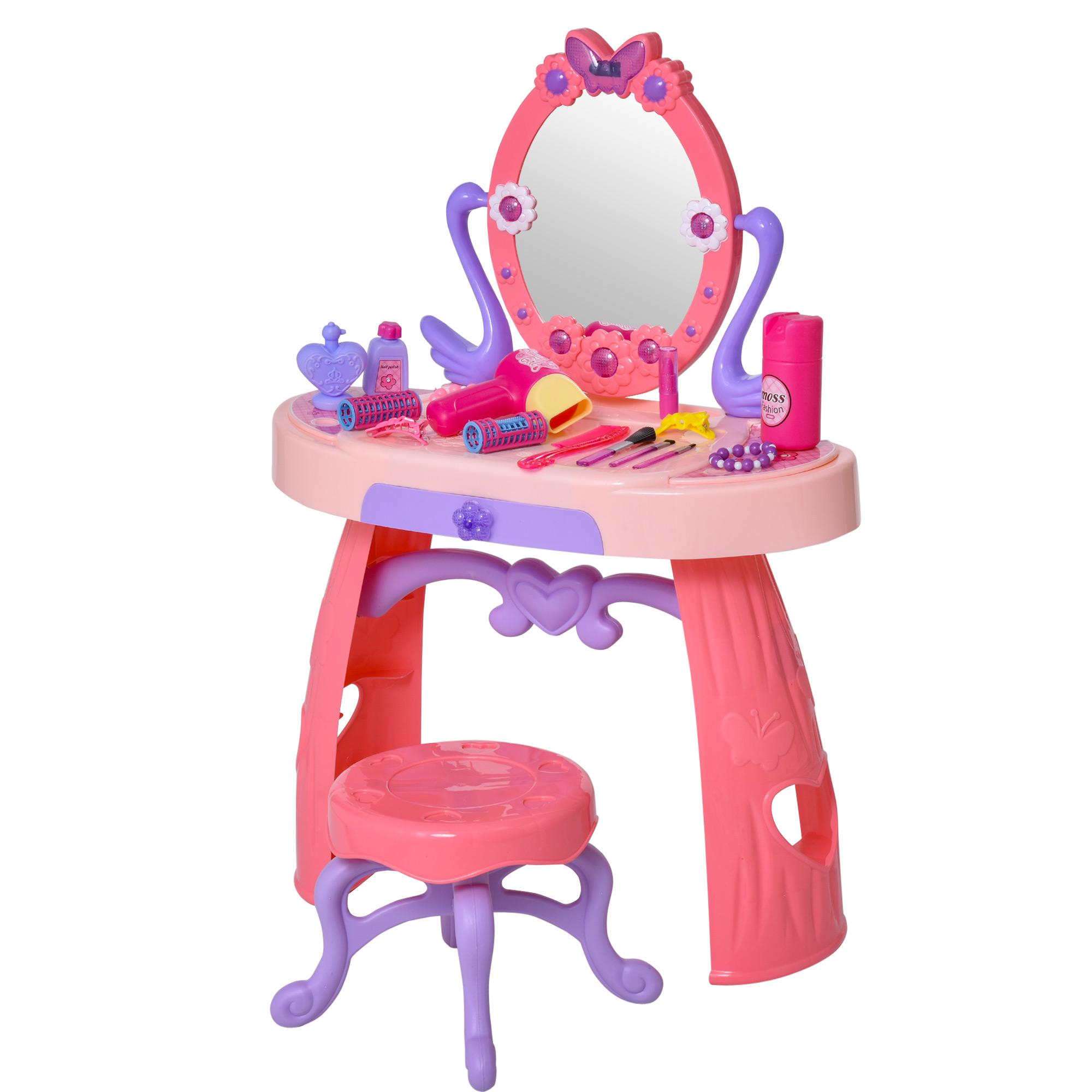 Postazione Trucco Specchiera Giocattolo per Bambini con Sgabello   Rosa