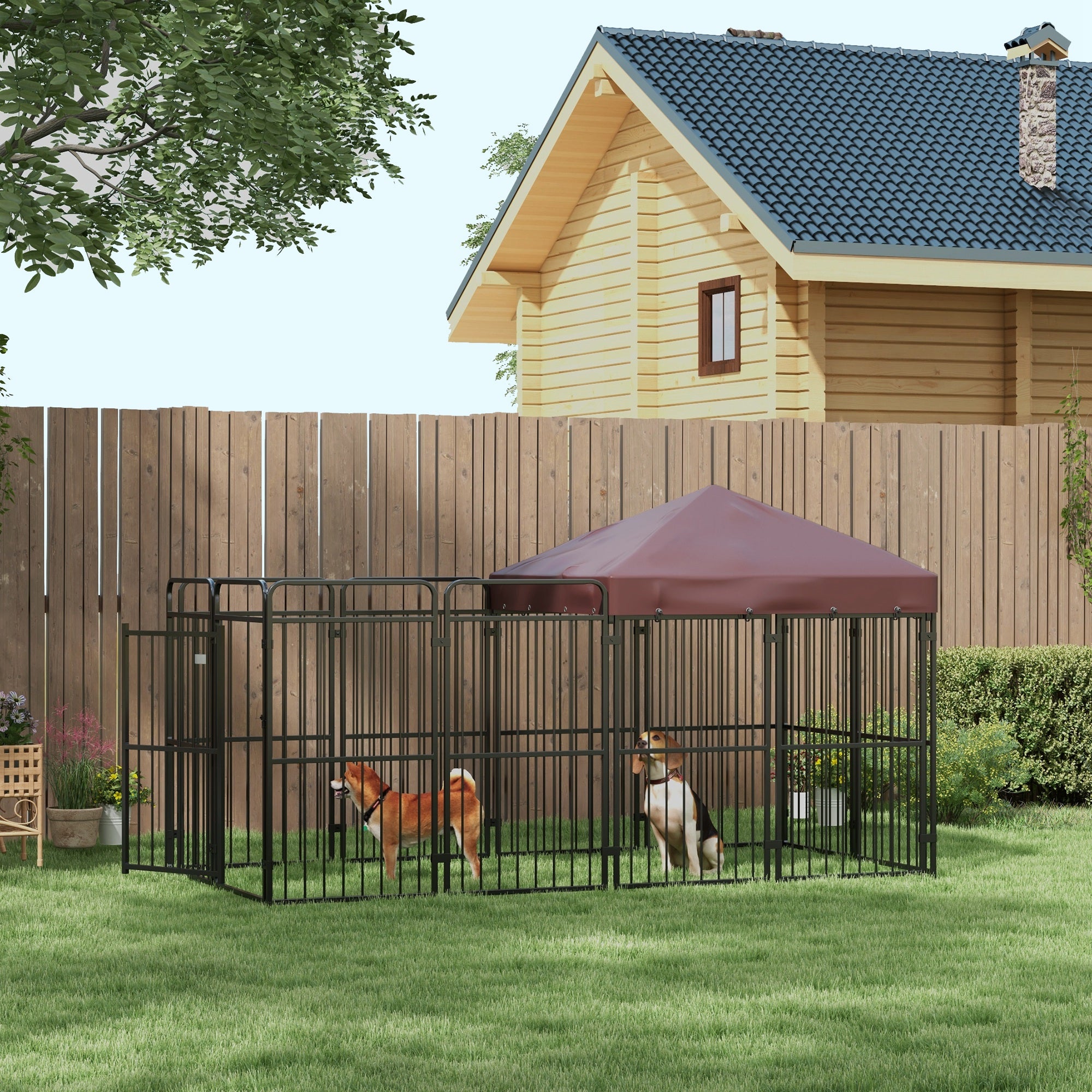 Recinto per Cani da Esterno con Tetto 282x121x159 cm in Metallo Marrone...
