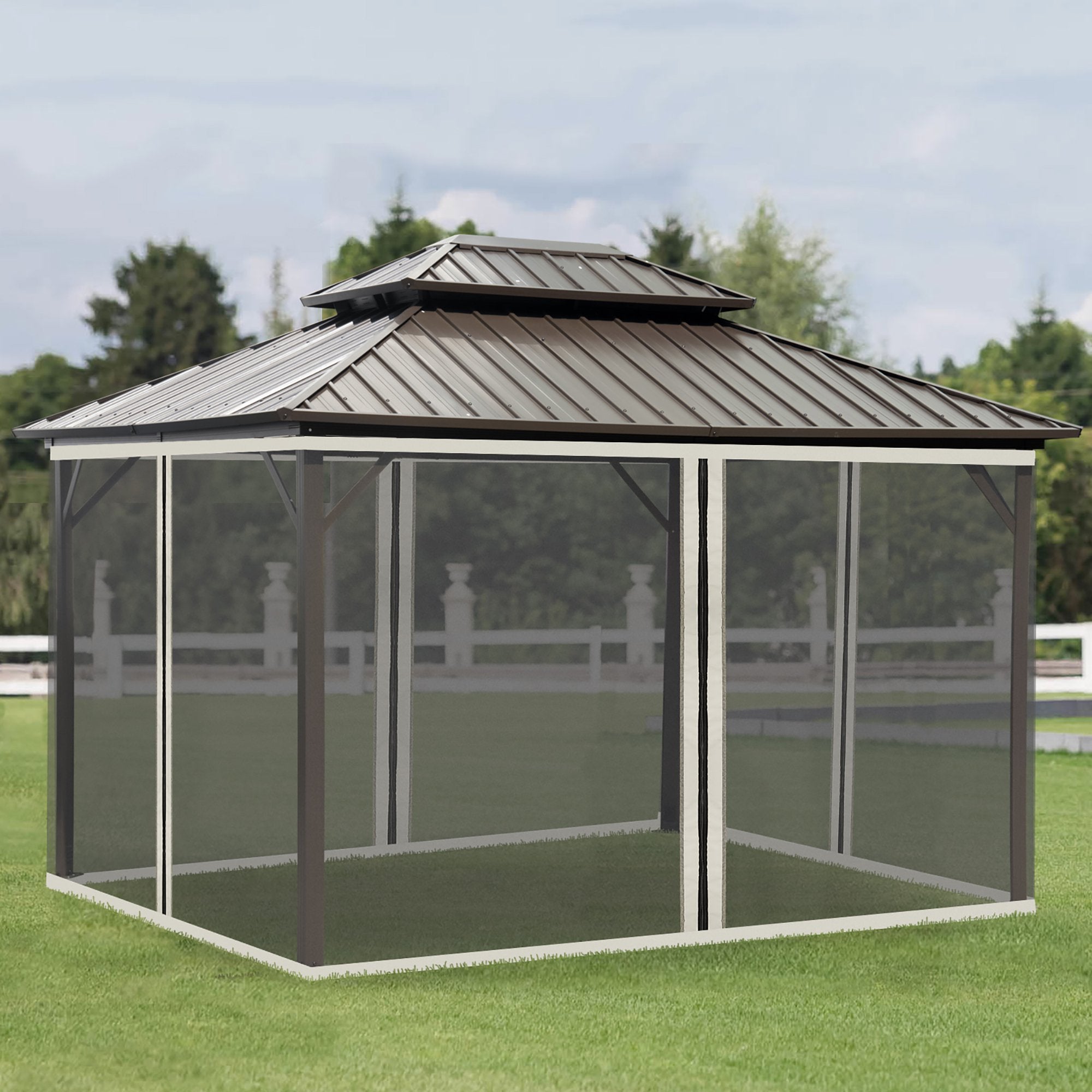 Zanzariera per Gazebo Tende di Ricambio Universale 335x207 cm con Cerniere Nero/Beige...