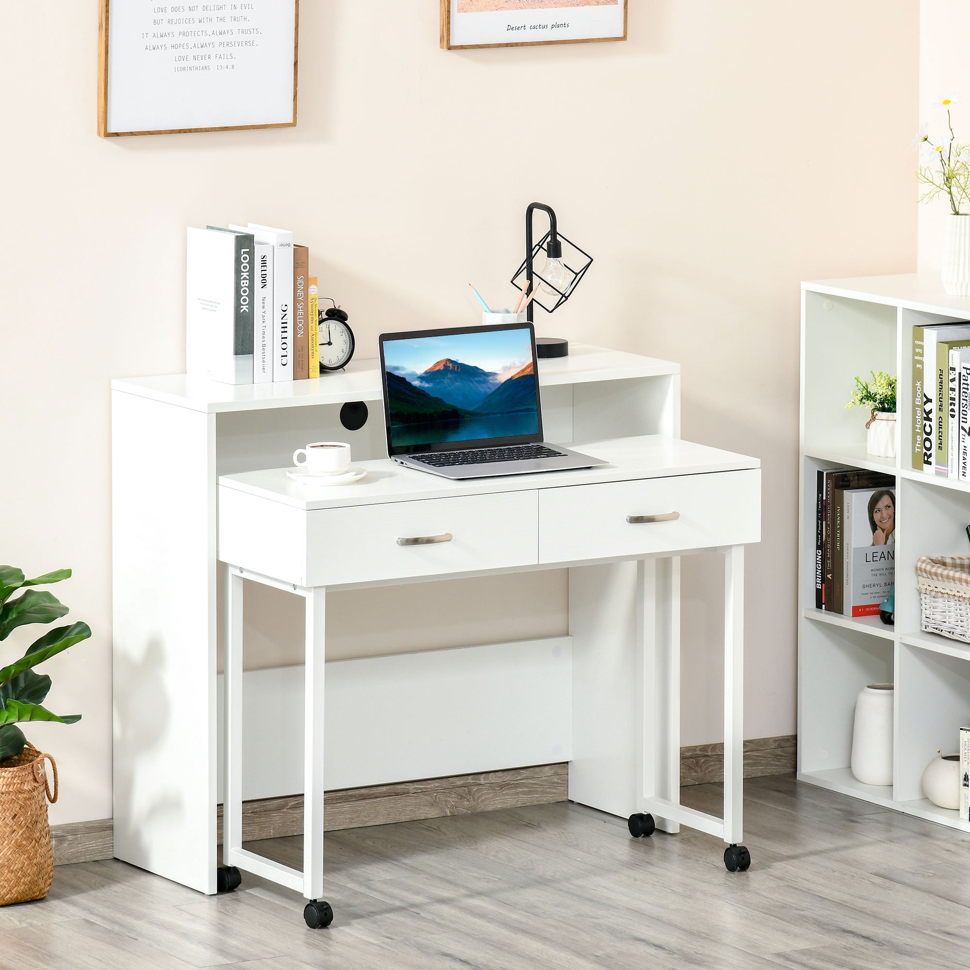 Scrivania con Cassetti e Ruote 100x36x88 cm in Metallo e MDF Bianca