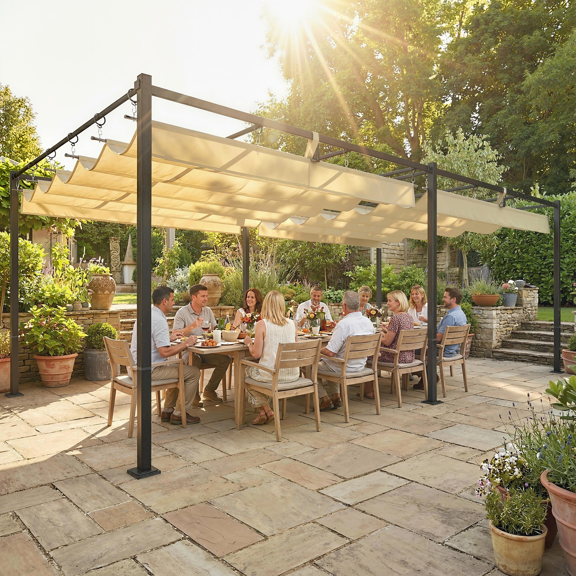 Pergola da Giardino 570x295 cm con Tettuccio Scorrevole UV50+ in Metallo Beige...