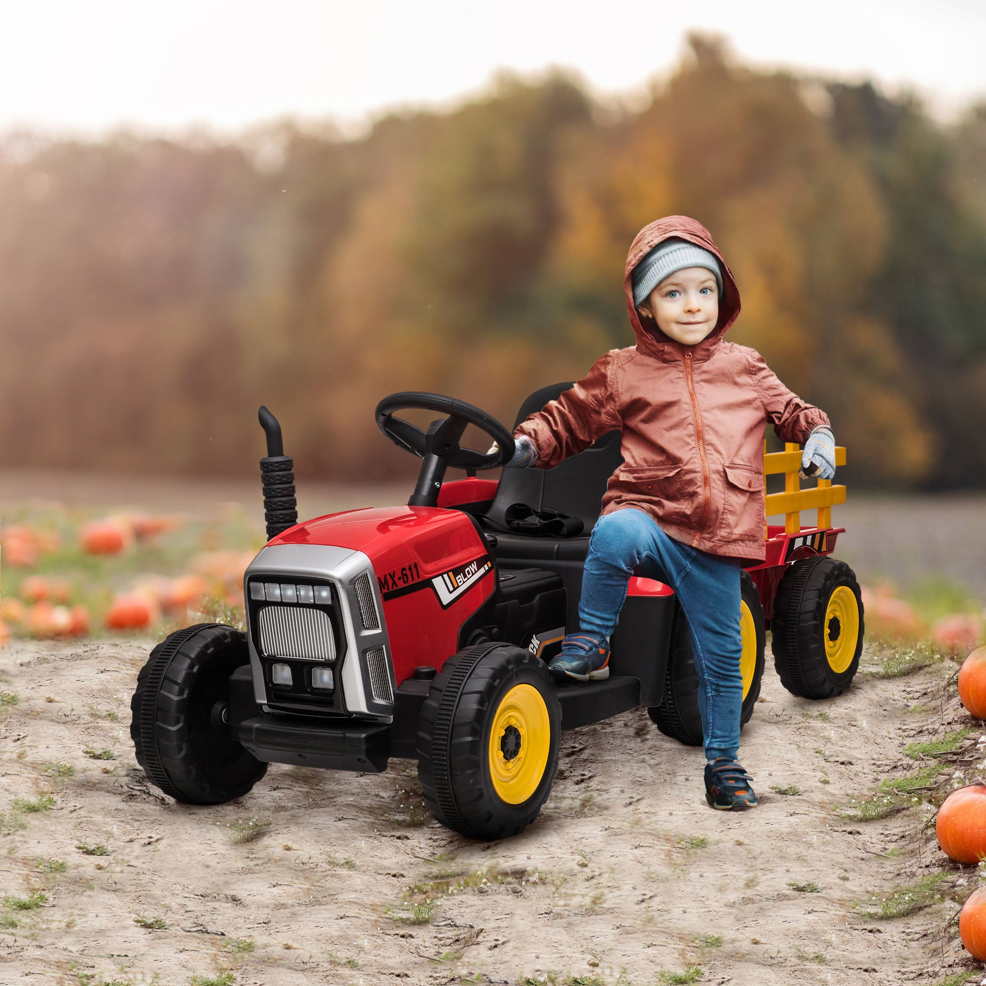 Trattore Elettrico per Bambini 12V con Rimorchio Rosso