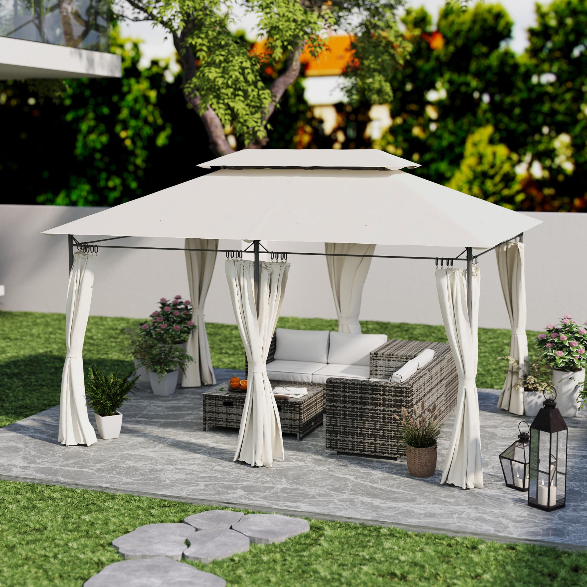 Gazebo da Giardino 397x297x265 cm con Tende Rimovibili e Struttura in Metallo Crema...