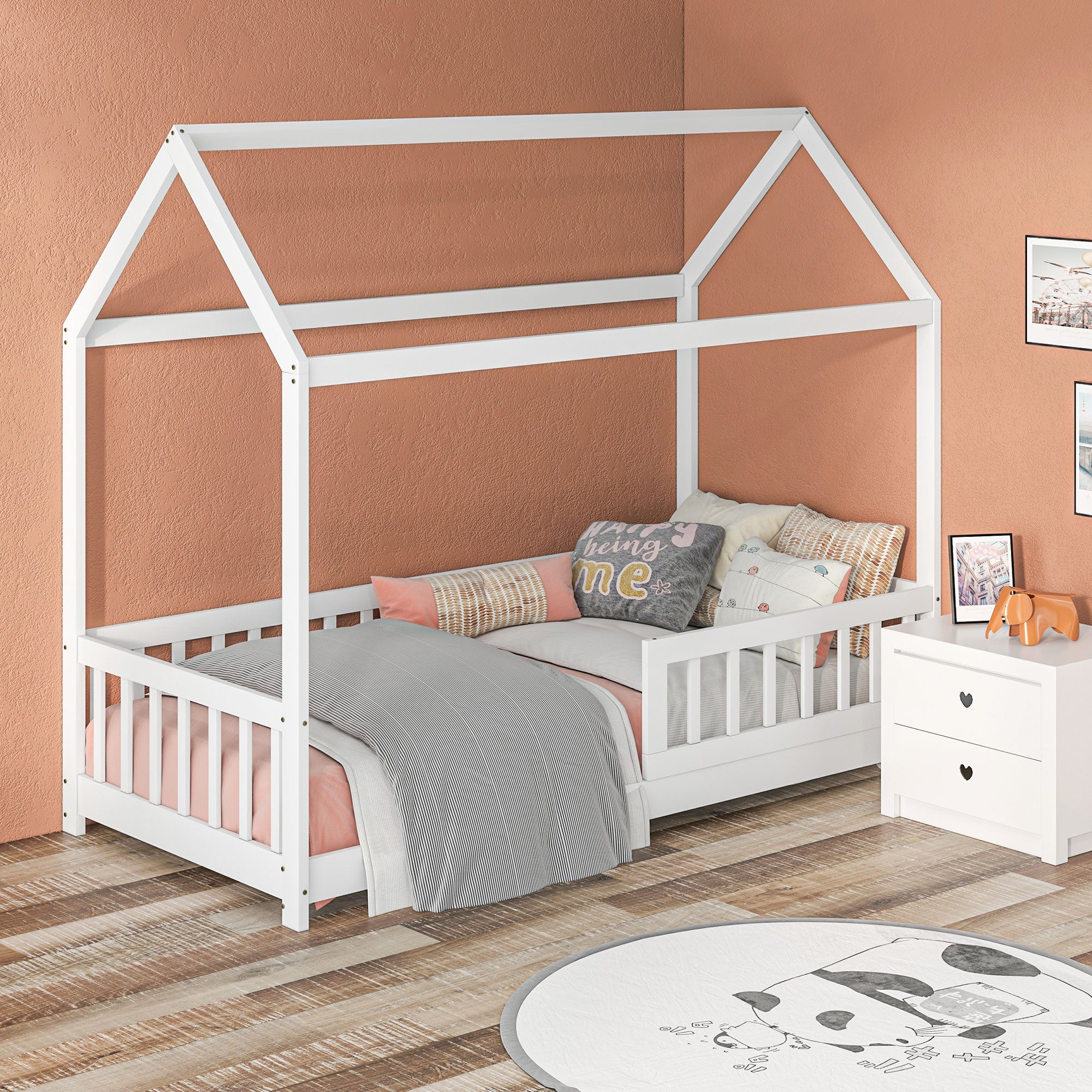 Letto Singolo per Bambini Casetta 96x195x165 cm con Doghe e Recinzione in Legno di Pino Bianco...