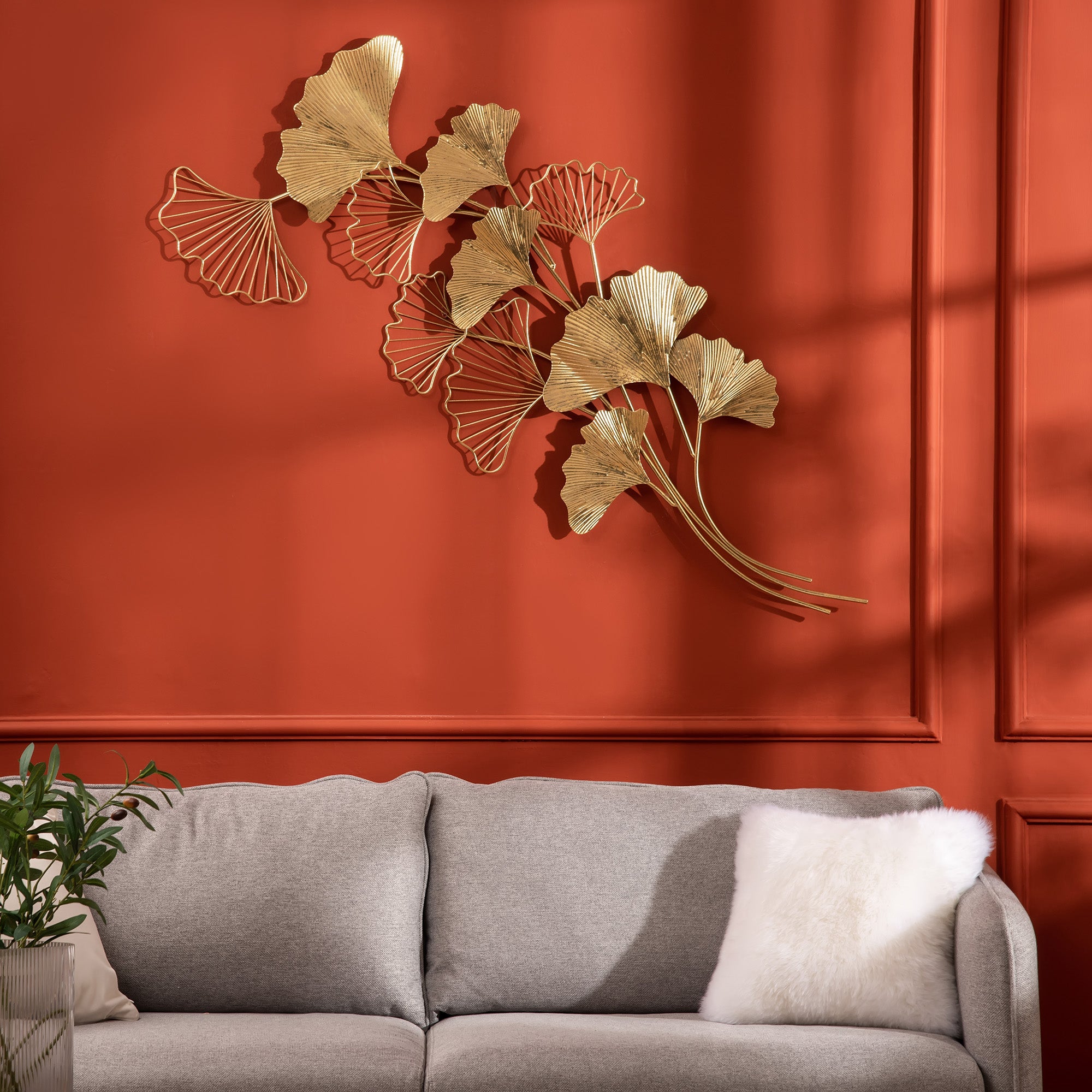 Decorazione Murale 3D 138x70 cm in Metallo Wall Art Dorata con Foglie di Ginkgo...