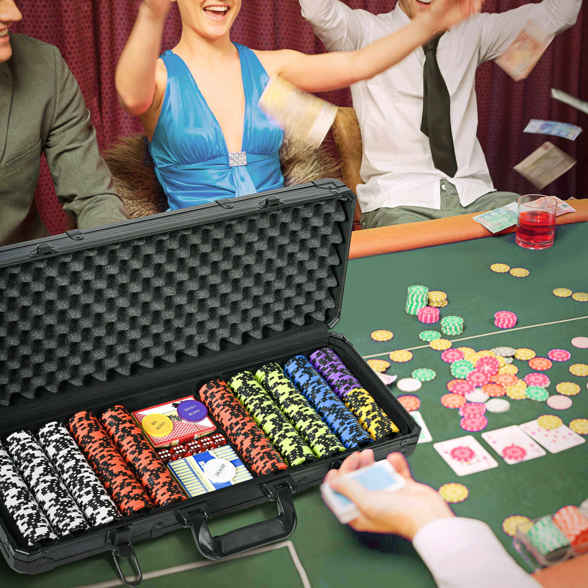 Set Poker con 500 Fiches 2 Mazzi di Carte 5 Dadi Pulsanti e Valigetta Protettiva in Alluminio Nero...