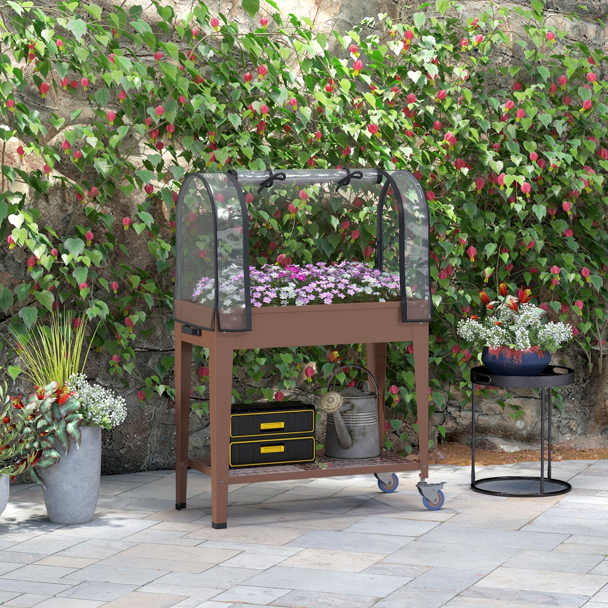 Fioriera Rialzata con Mini Serra per Piante 80x40x120cm Ruote e Ripiano Marrone...