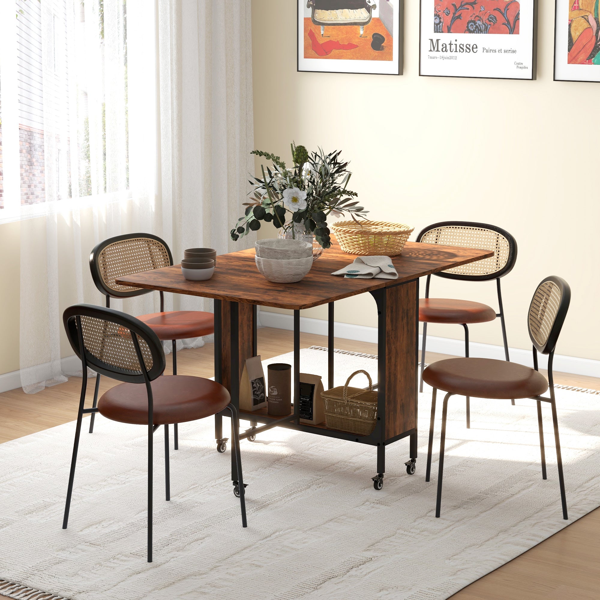 Tavolo Pieghevole 6 Ruote e Mensola 130x80x74 cm in Legno e Metallo Marrone Rustico...