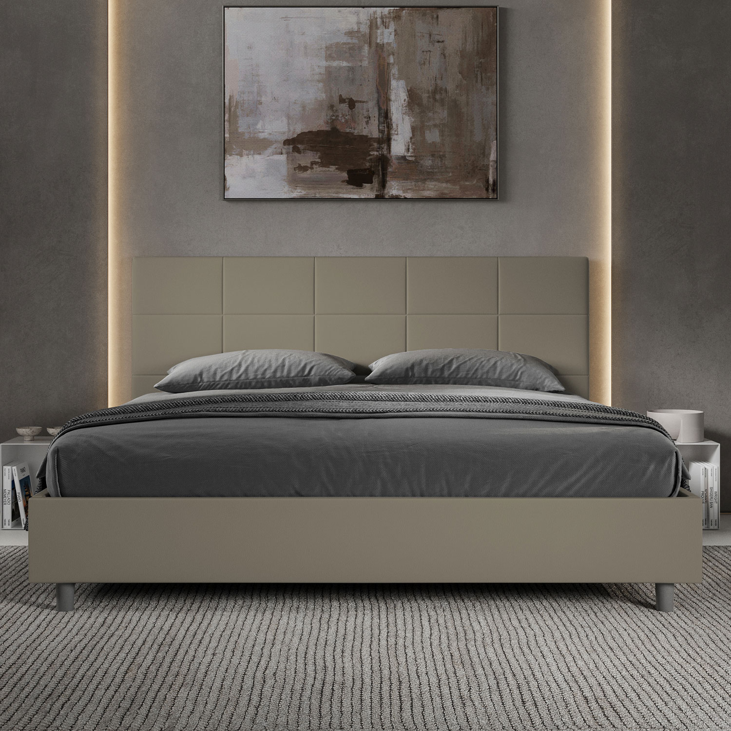 Letto Matrimoniale King Size 180x200 cm Senza Rete Imbottito in Similpelle Mika Cappuccino...