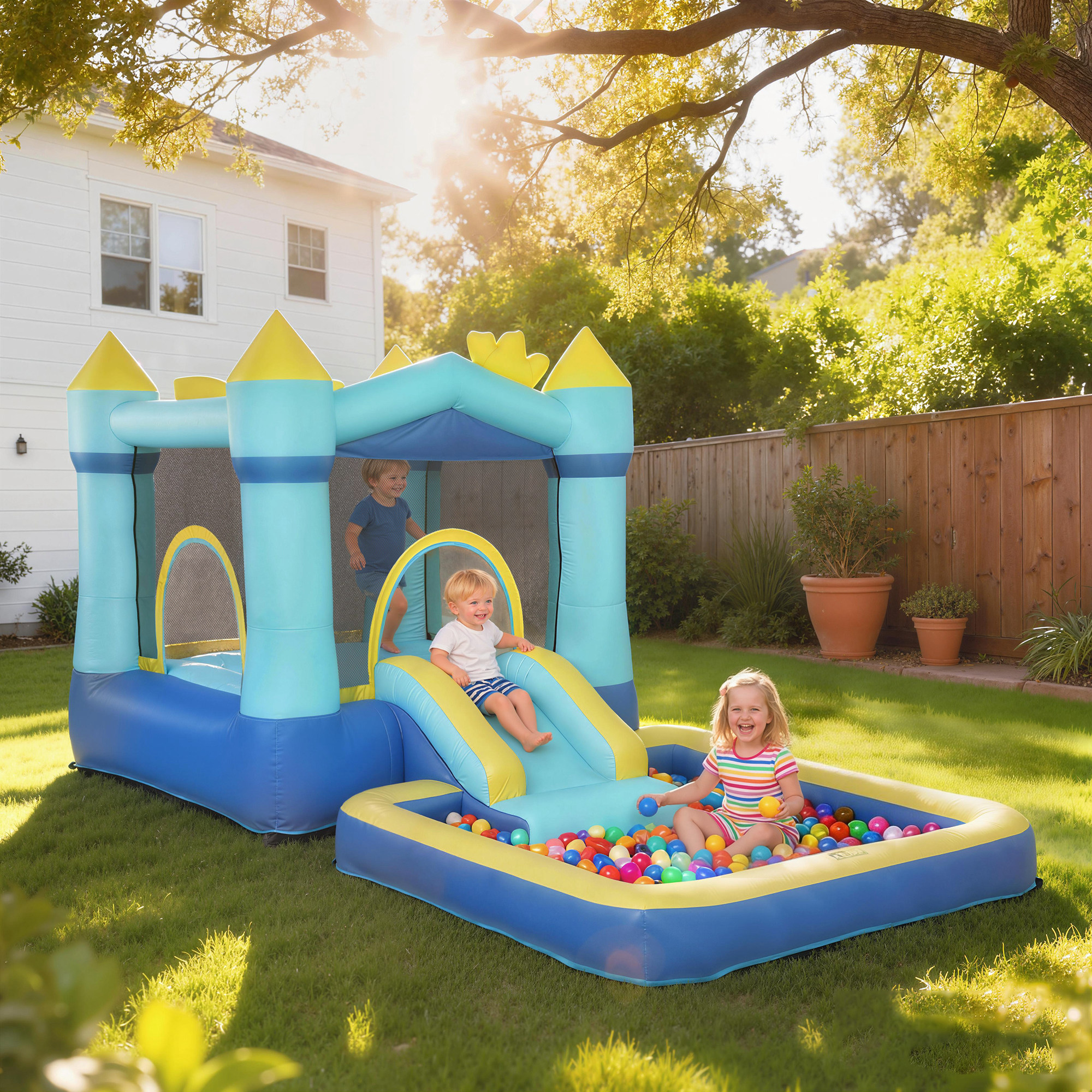 Castello Gonfiabile per Bambini 364 x 173 x 182 cm Scivolo Trampolino Piscina per Palline o Acqua Canestro in Tessuto Oxford Blu...
