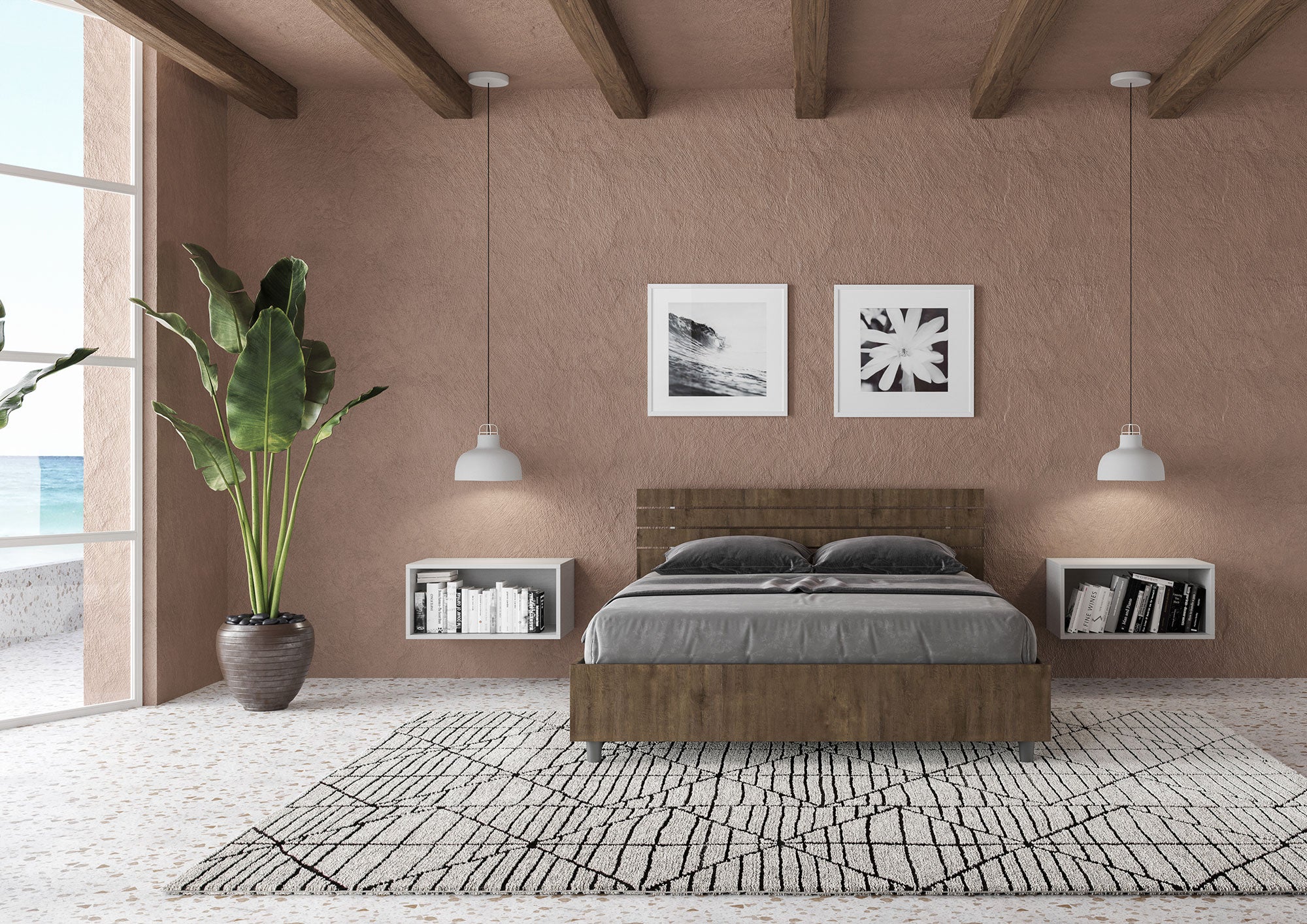 Letto Matrimoniale Francese 140x200 cm Senza Rete Testata Doghe Inclinata Ankel Noce...