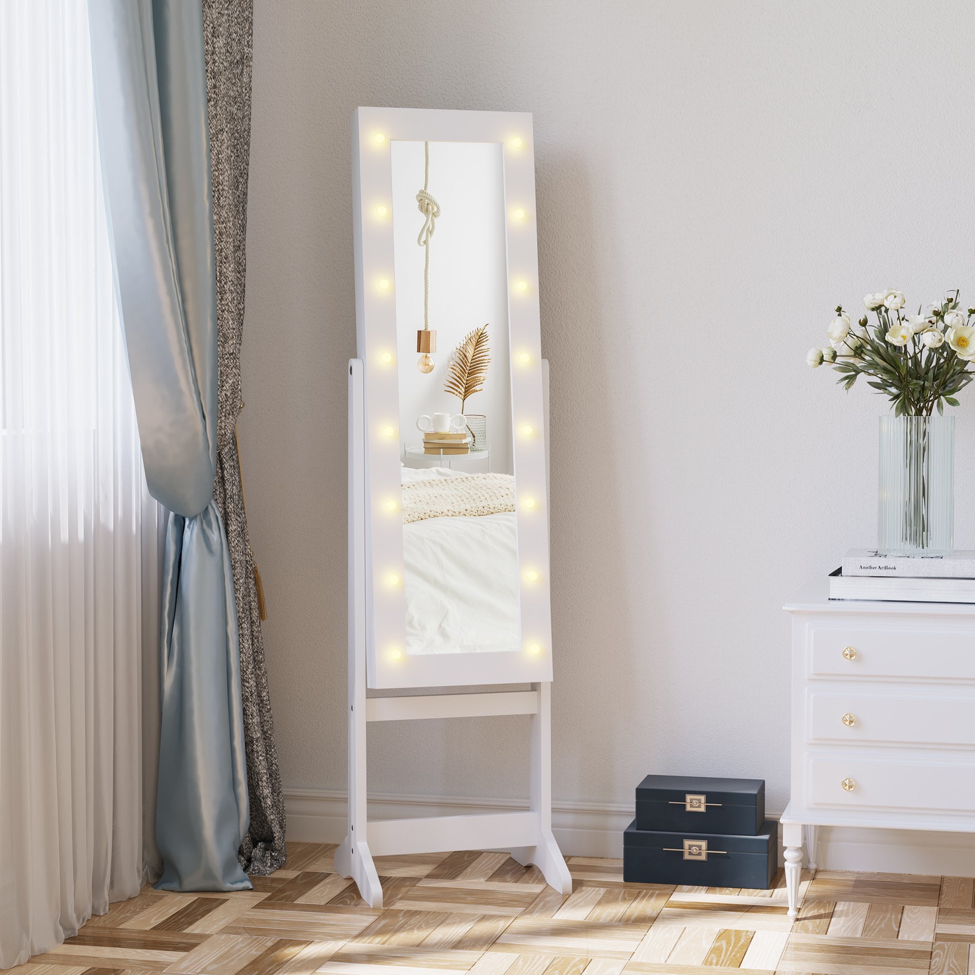 Specchio da Terra Armadio Portagioie Regolabile e Luci LED Bianco 36x30x136 cm...