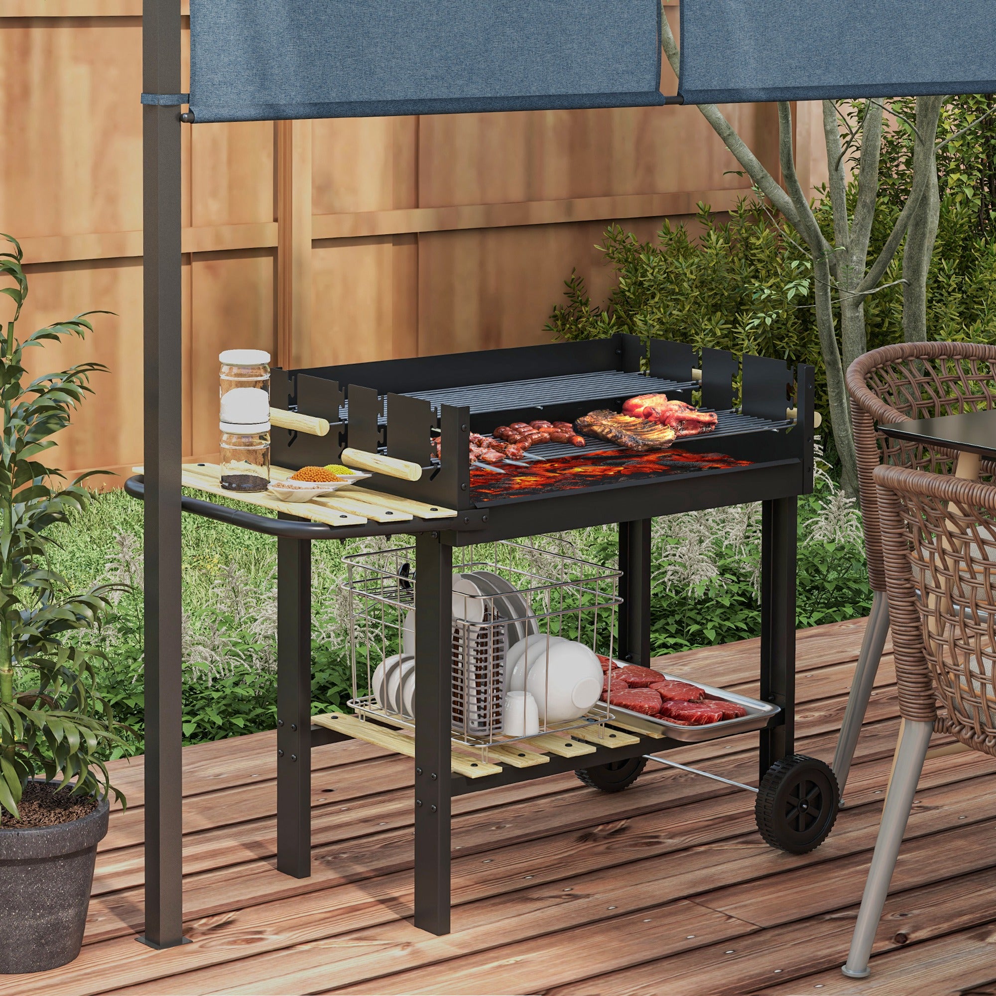 Barbecue a Carbonella 2 Griglie e 2 Ripiani 113x53.5x82.5 cm in Metallo e Legno Nera...