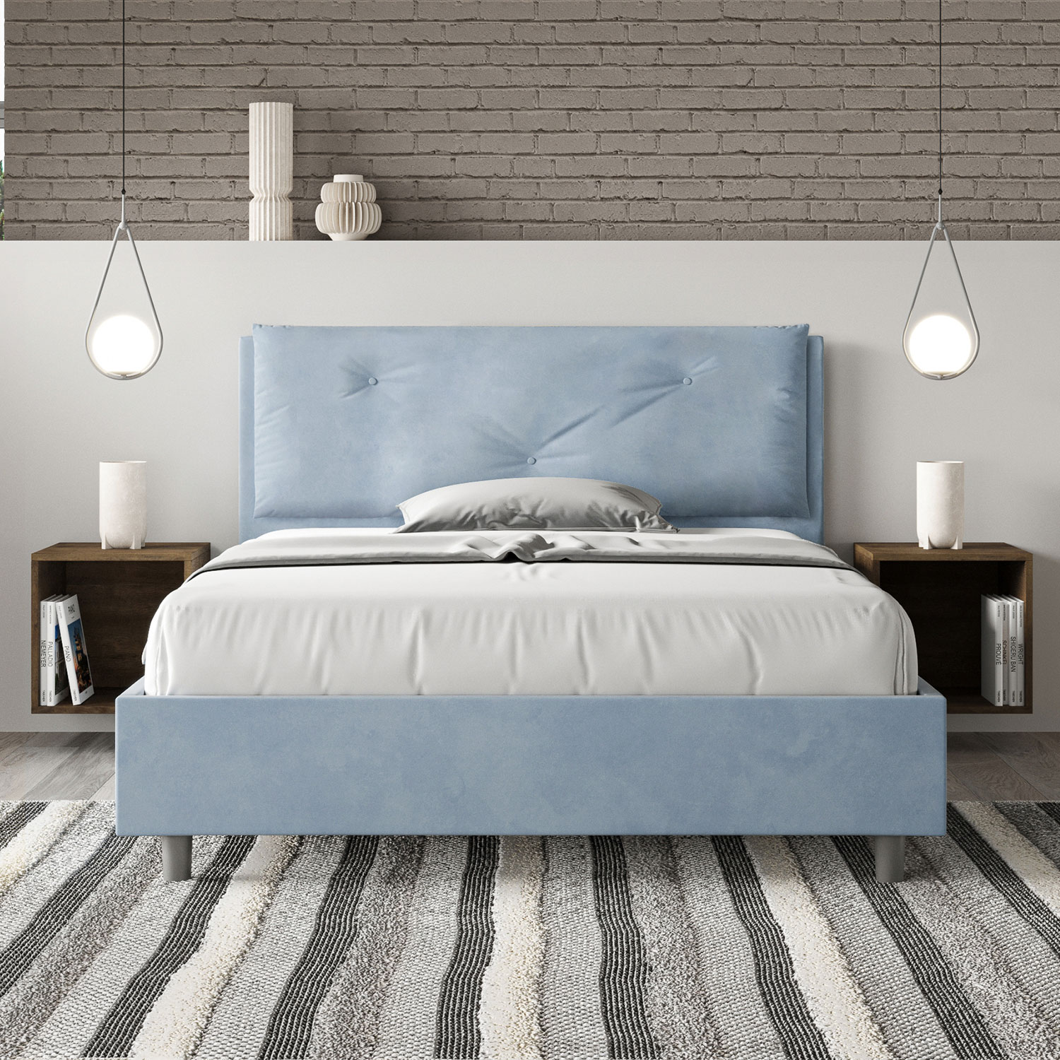 Letto Matrimoniale Francese 140x190 cm Senza Rete Imbottito in Microfibra Appia Large Azzurro...