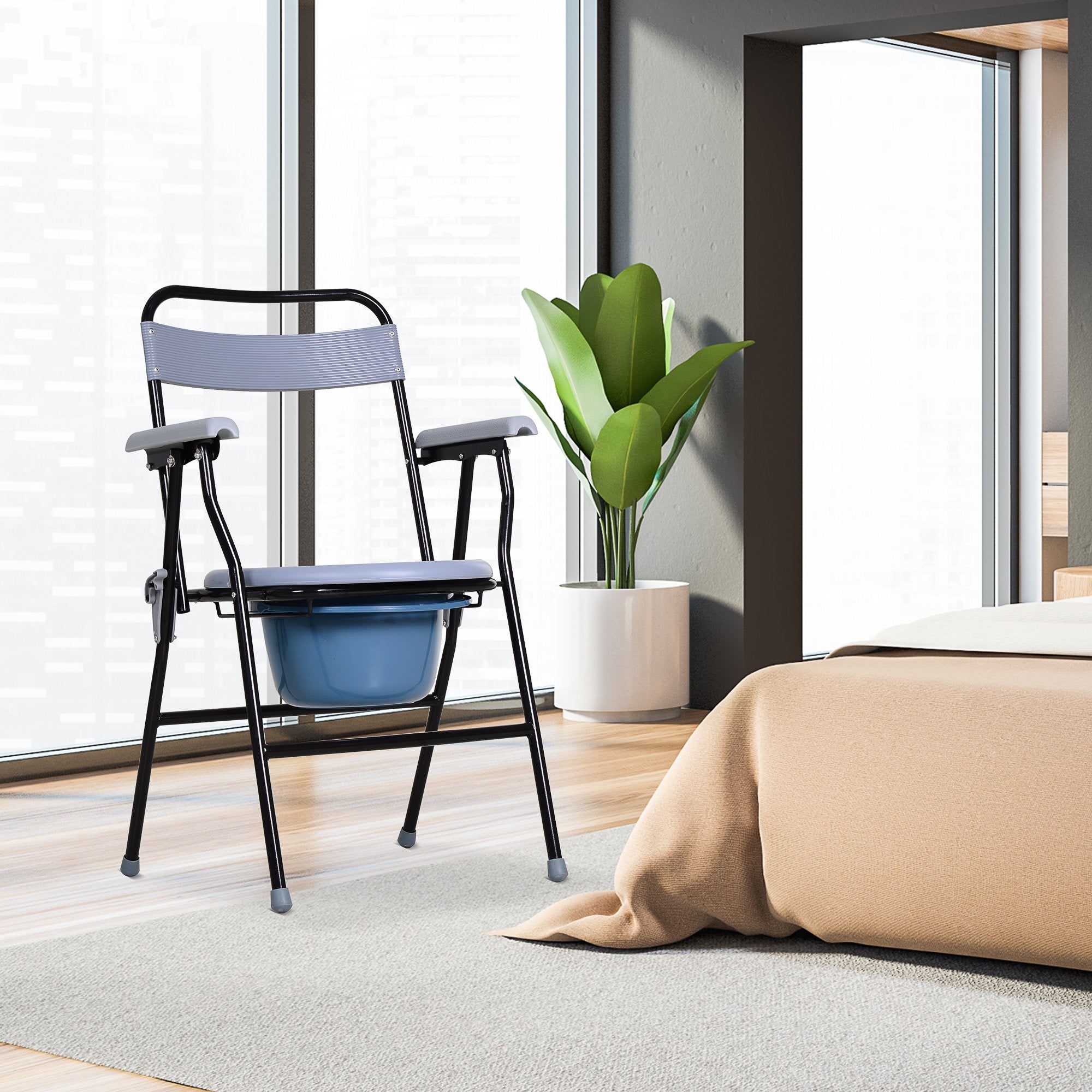 Sedia WC Pieghevole con Vaso Rimovibile per Anziani e Disabili in Tubi di Ferro e Plastica 52x50x75 cm...
