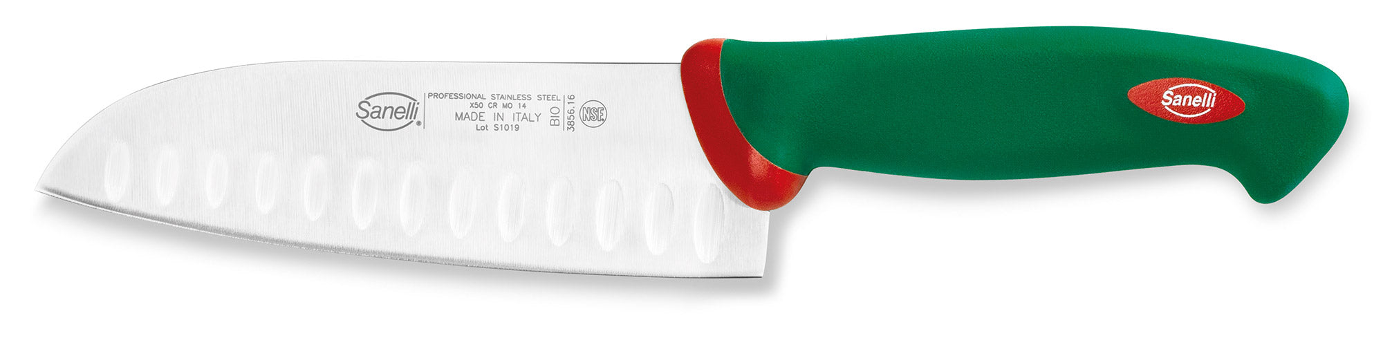 Image of Coltello Santoku Olivato Lama 16 cm Manico Antiscivolo Sanelli Premana Verde/Rosso