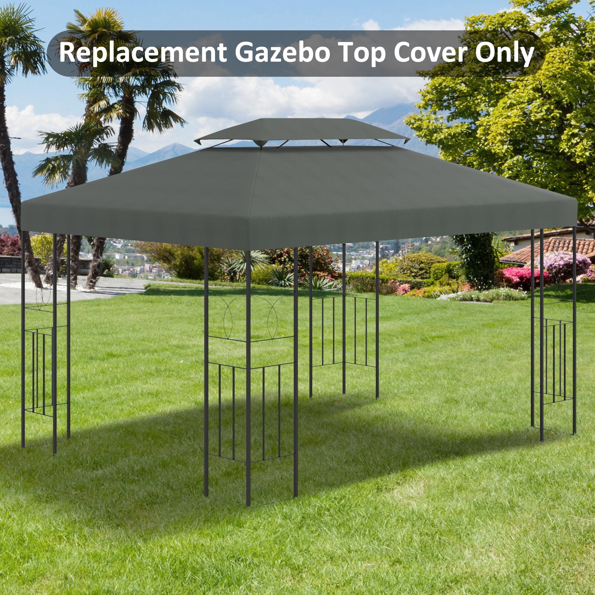 Copertura per Gazebo a 2 Livelli con Cinghie e 10 Fori di Drenaggio 4x3m in Poliestere Grigio Scuro...