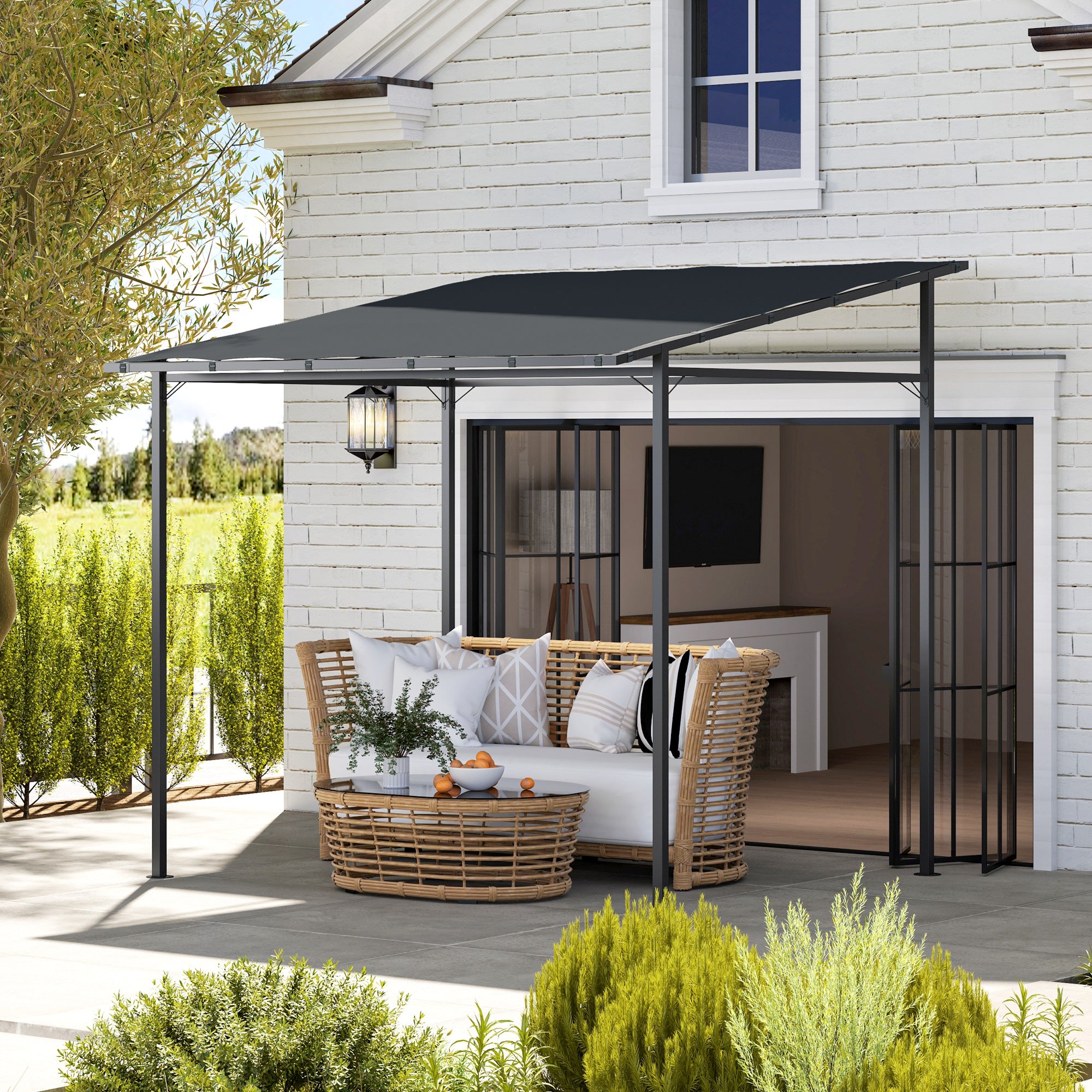 Gazebo Pergola Addossata Inclinata con Chiusure a Strappo 238x238x235-194 cm Grigio Scuro...