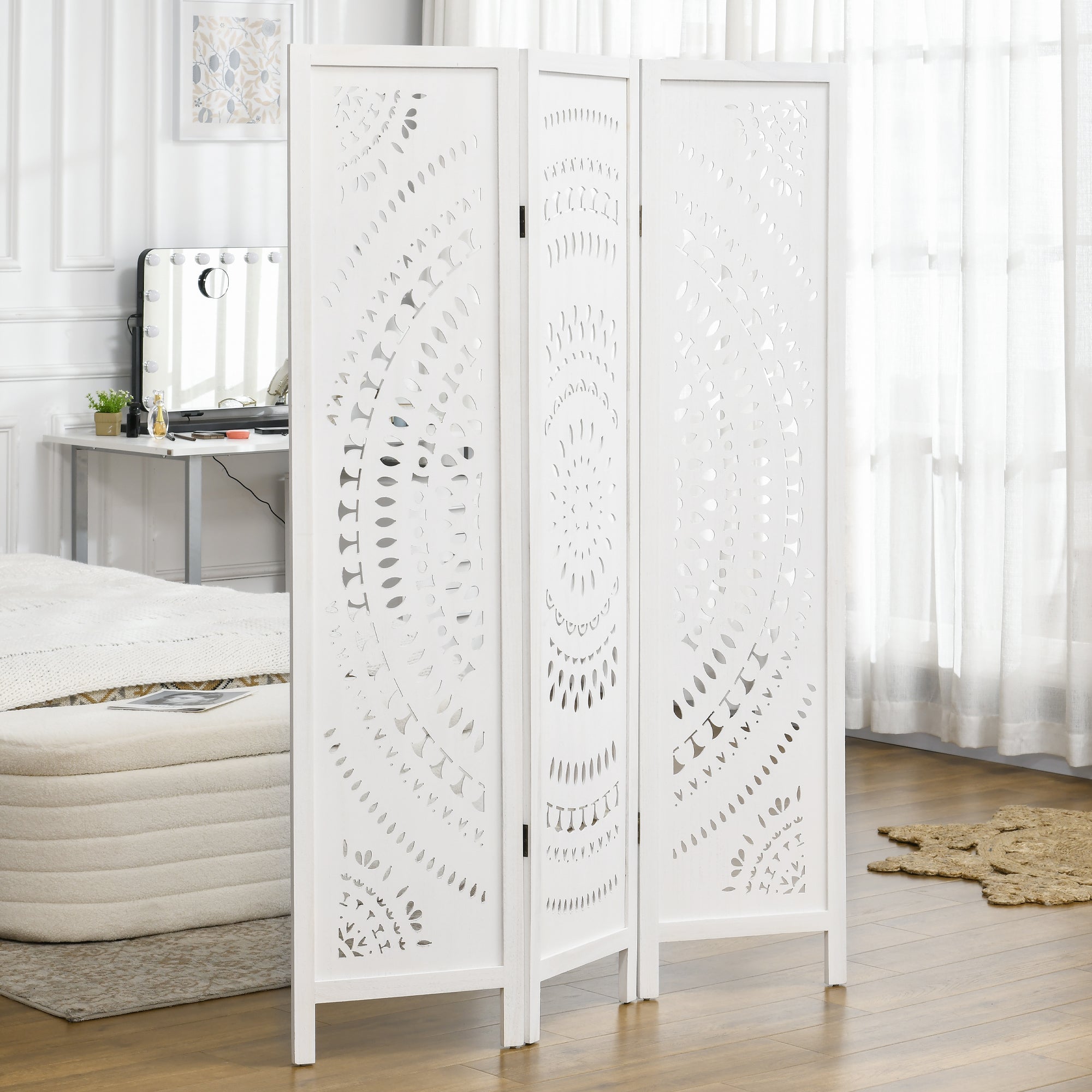 Paravento 3 Pannelli 120x170cm in Legno Intagliato Bianco  