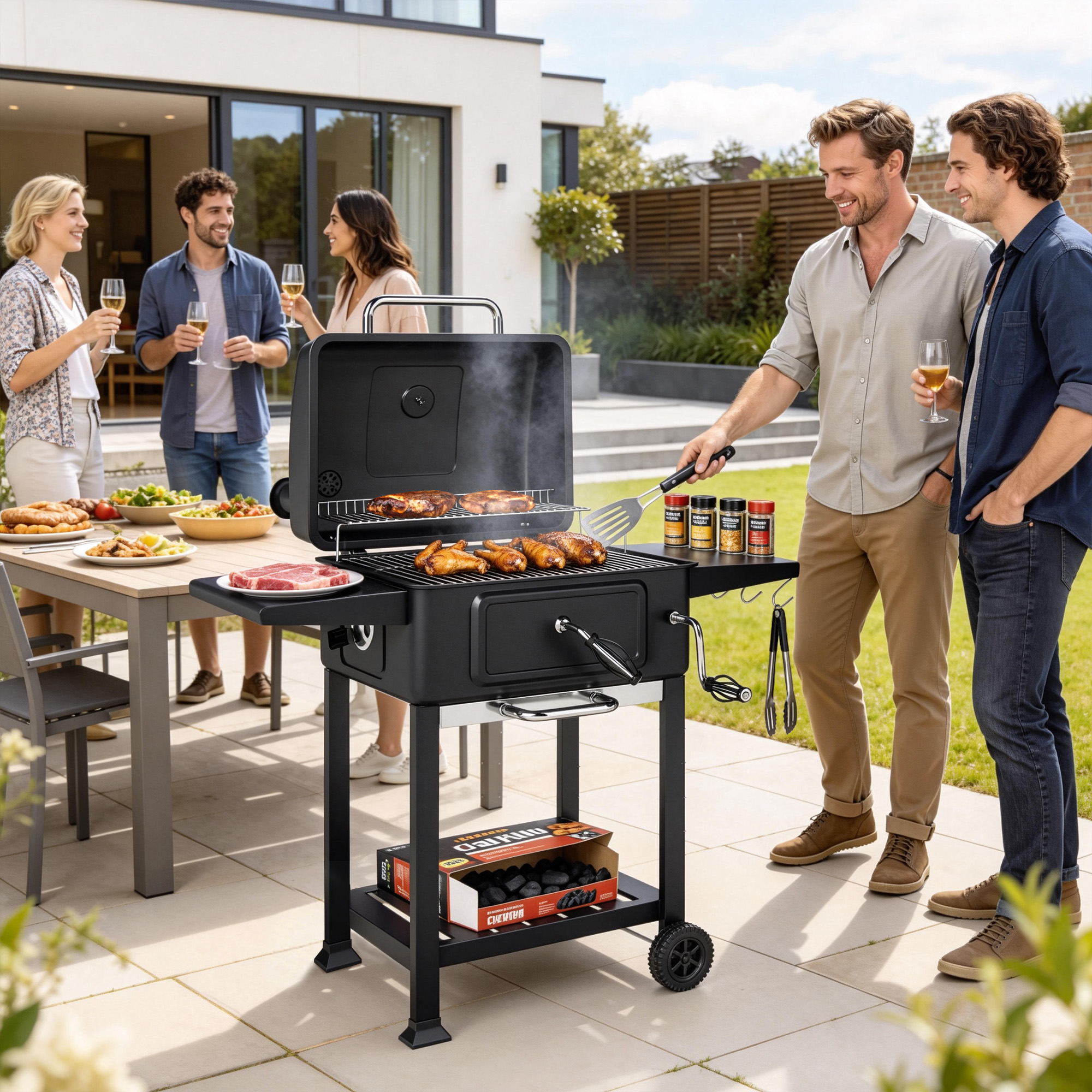 Barbecue a Carbone 112x65x115 cm Griglia Smoker con Ruote in Metallo e Acciaio Nero...