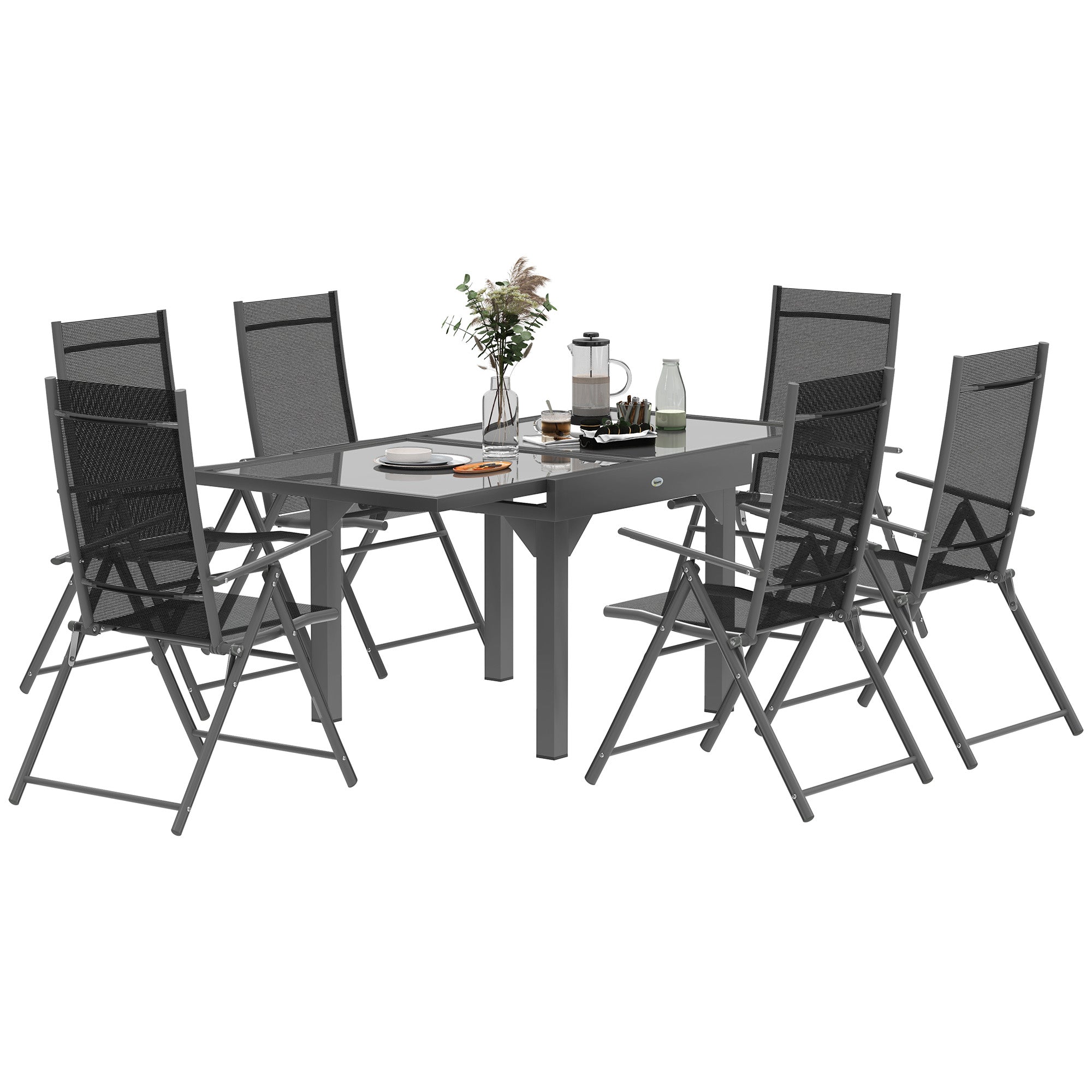 Set da Giardino con Tavolo Allungabile in Vetro e 6 Sedie Pieghevoli in Acciaio e Textilene Grigio