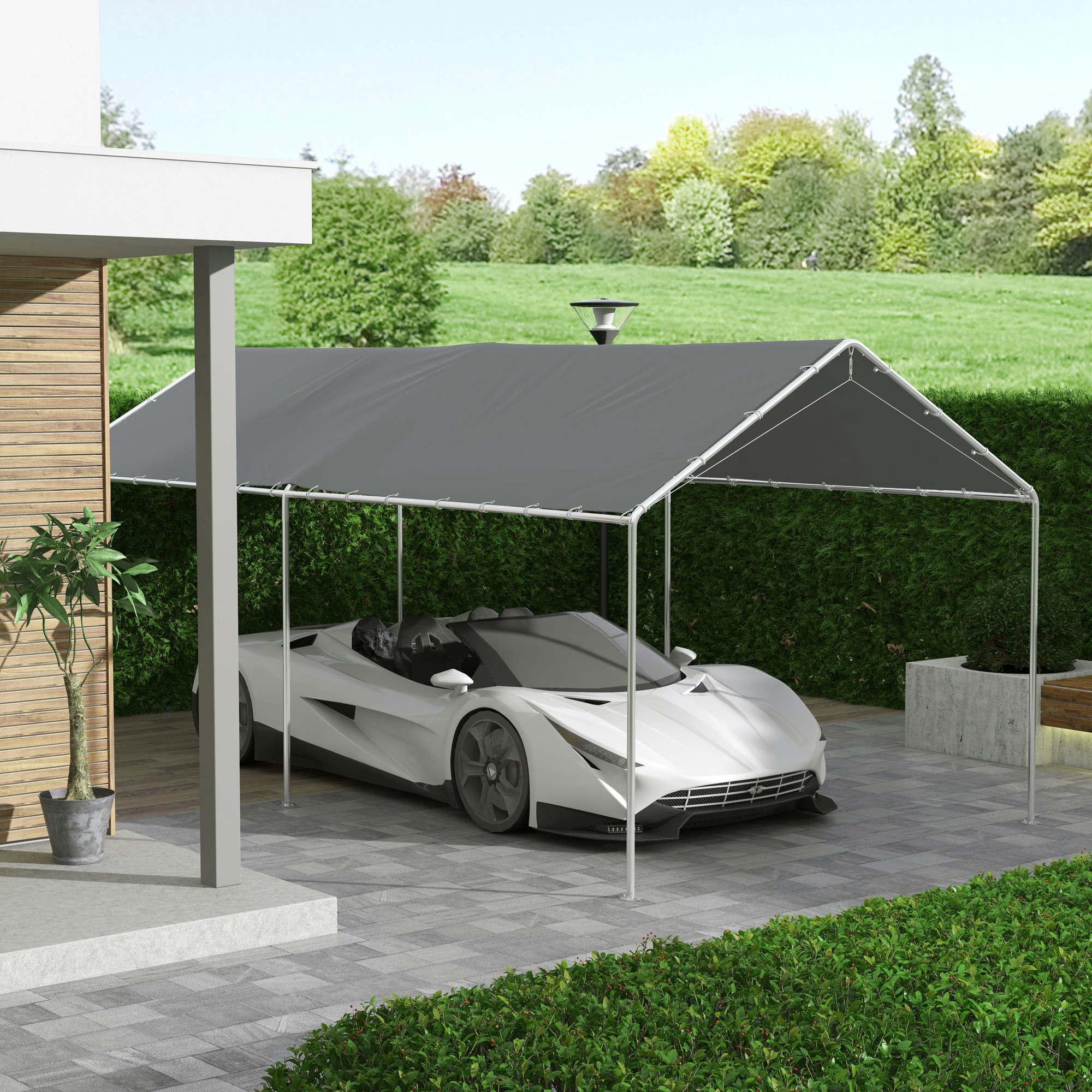 Copertura di Ricambio 600x300 cm Anti-UV per Carport Auto con Corde Elastiche in PE Grigio Scuro...