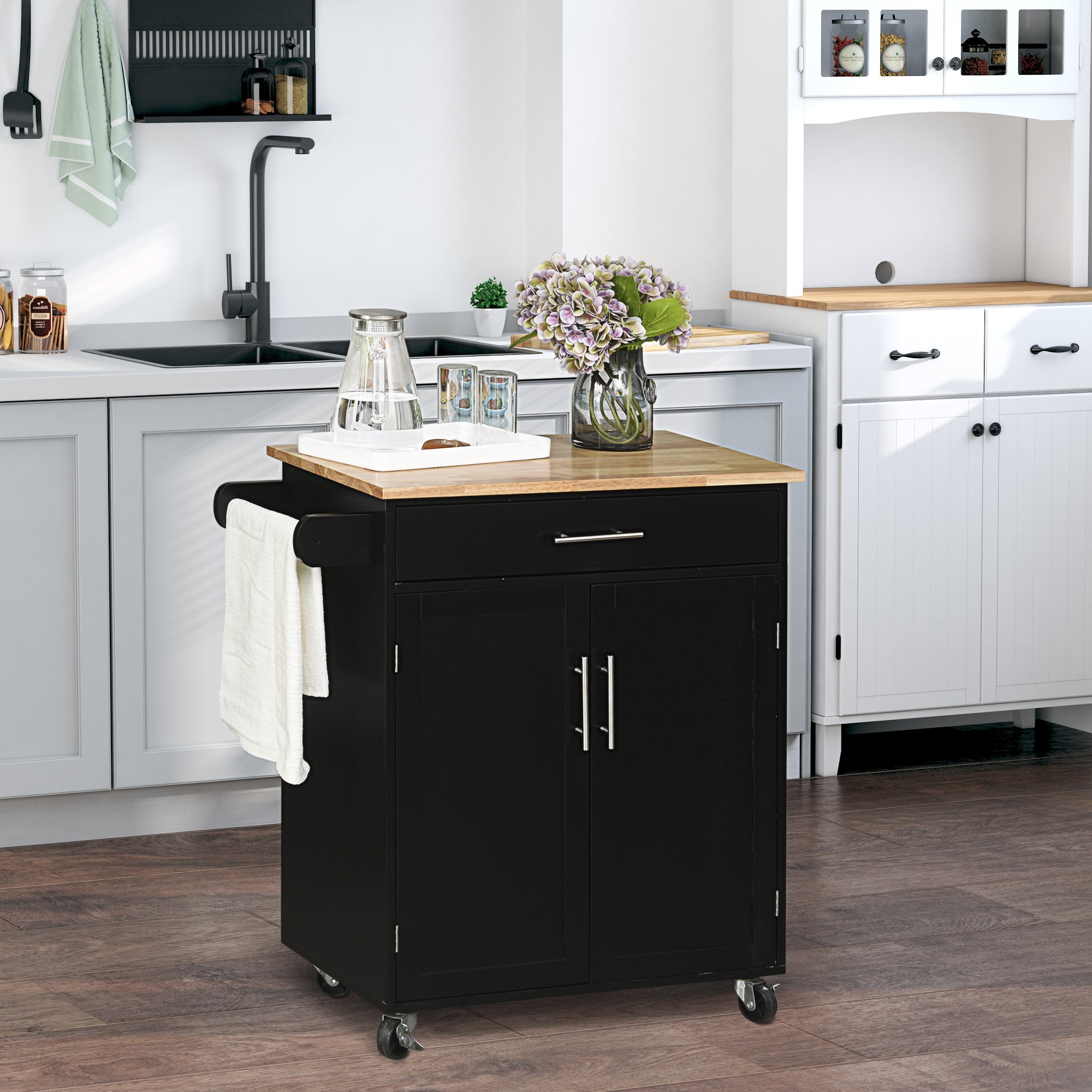 Carrello da Cucina 83x45x91,5 cm con Cassetto e Armadietto 2 Ante Ruote e Barra Laterale Nero...