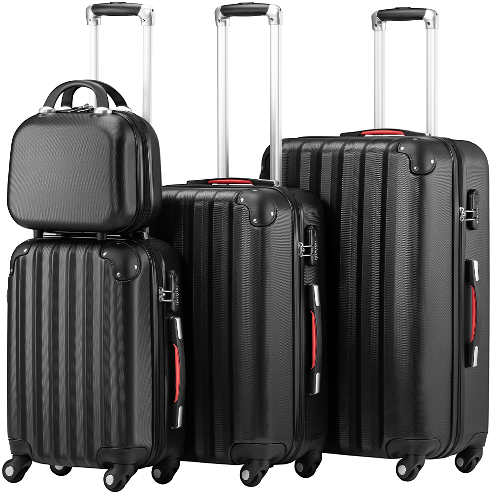 Set 4 Valigie Trolley e Beauty Case Rigide da Viaggio Easy Roll Angoli Rinfornzati in ABS Nero