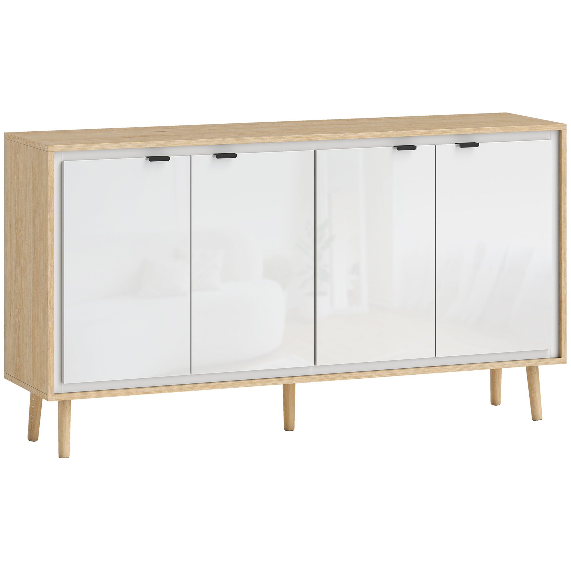 Credenza Moderna 141x35x77 cm a 4 Ante con Ripiano Regolabile Bianco Lucido e Rovere