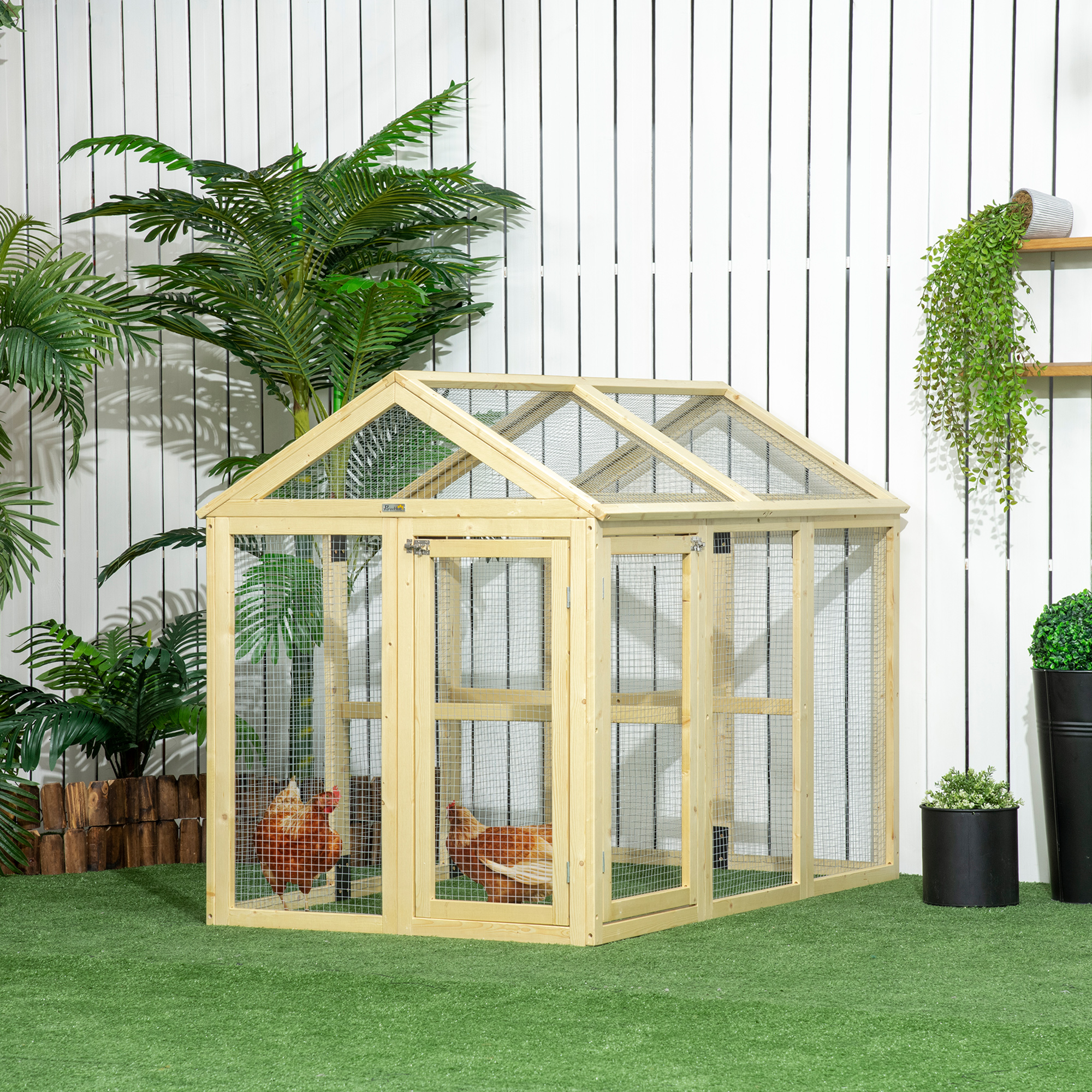 Recinto per Galline all'Aperto 140x88,5x106 cm con Porte Multiple e Rete in Metallo in Legno Naturale...