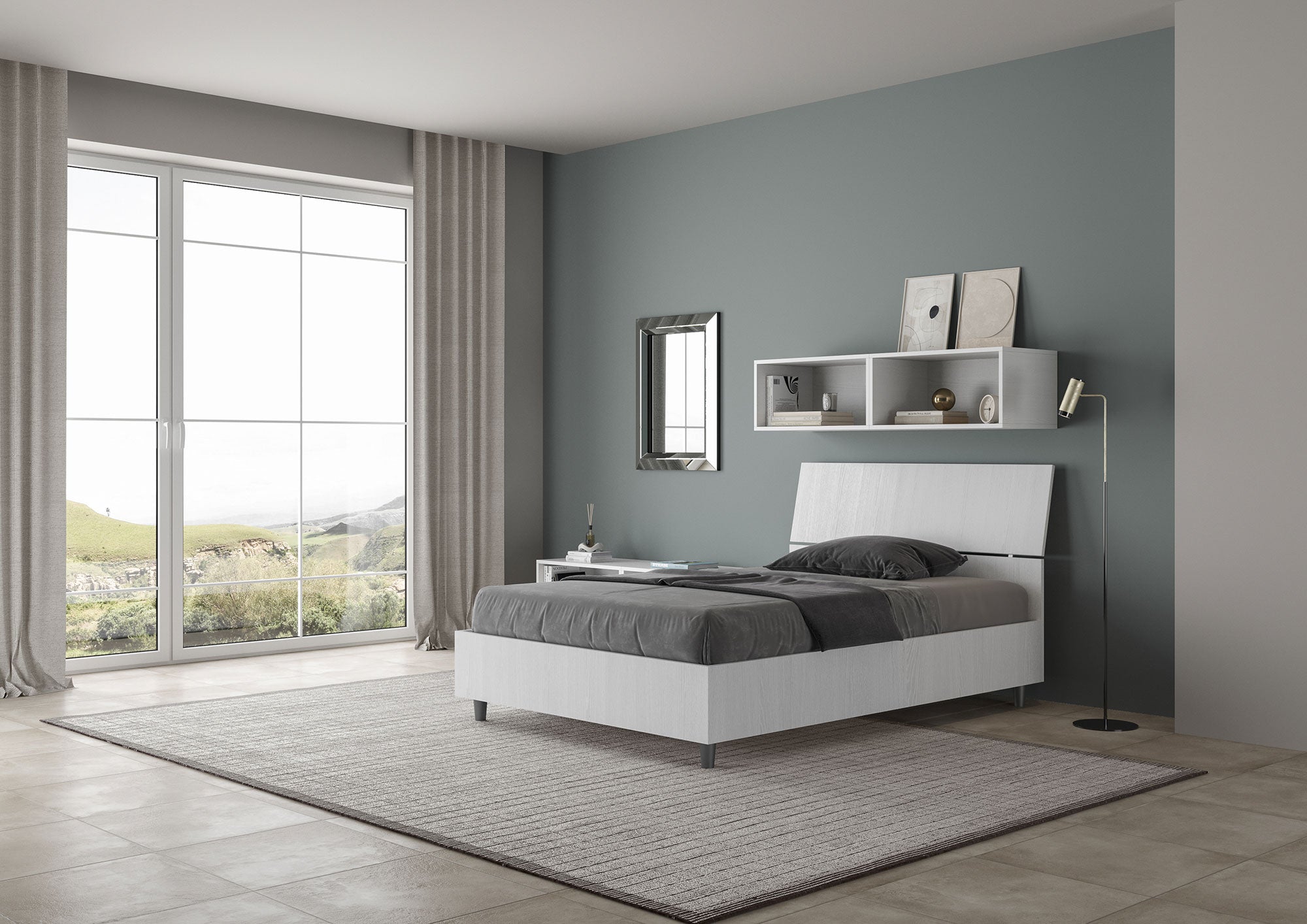 Letto 1 Piazza e Mezzo 120x200 cm Senza Rete Testata Inclinata Demas Bianco Frassino...