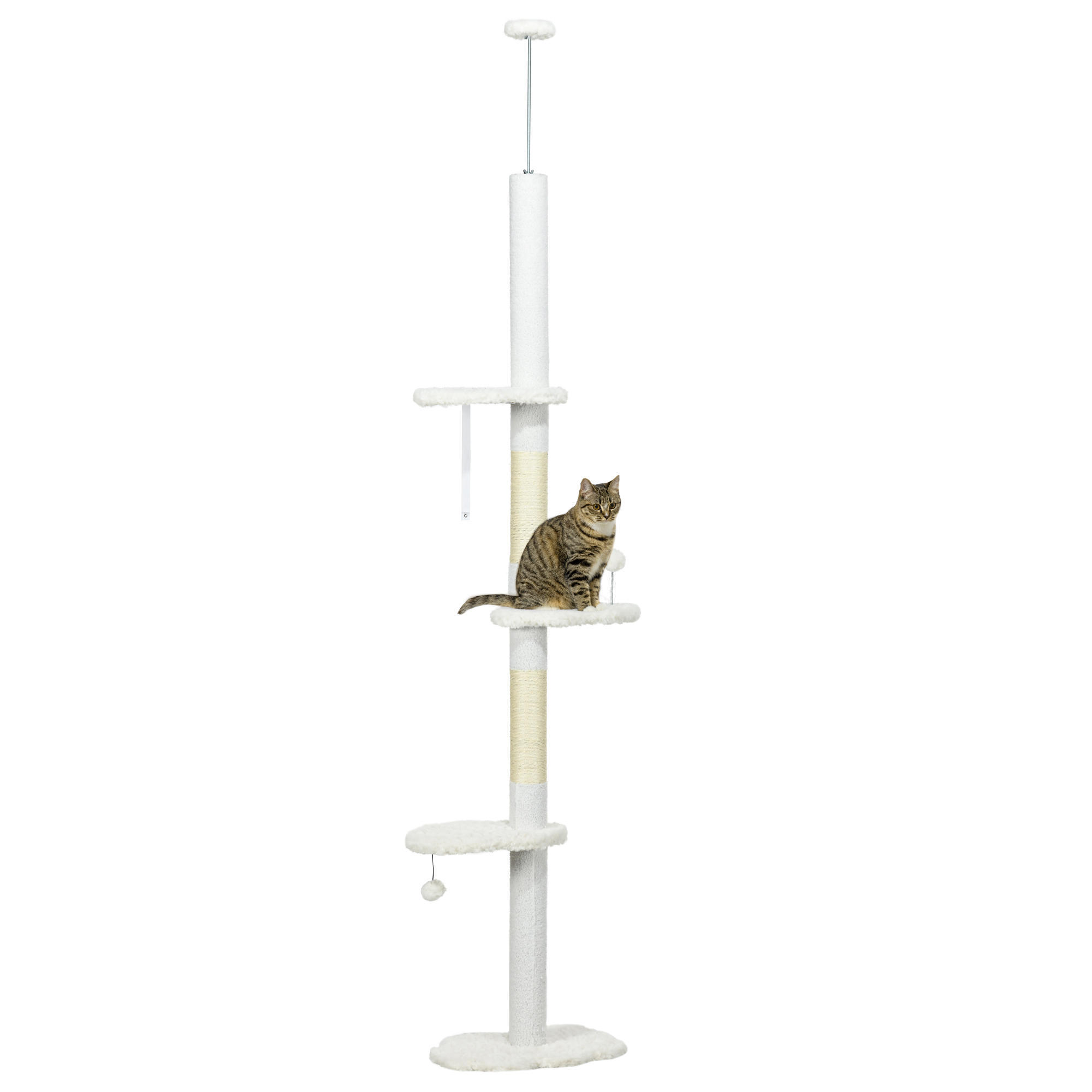 Albero Tiragraffi per Gatti a Soffitto 48x32x225-255 cm Pali con Corda in Cotone Bianco