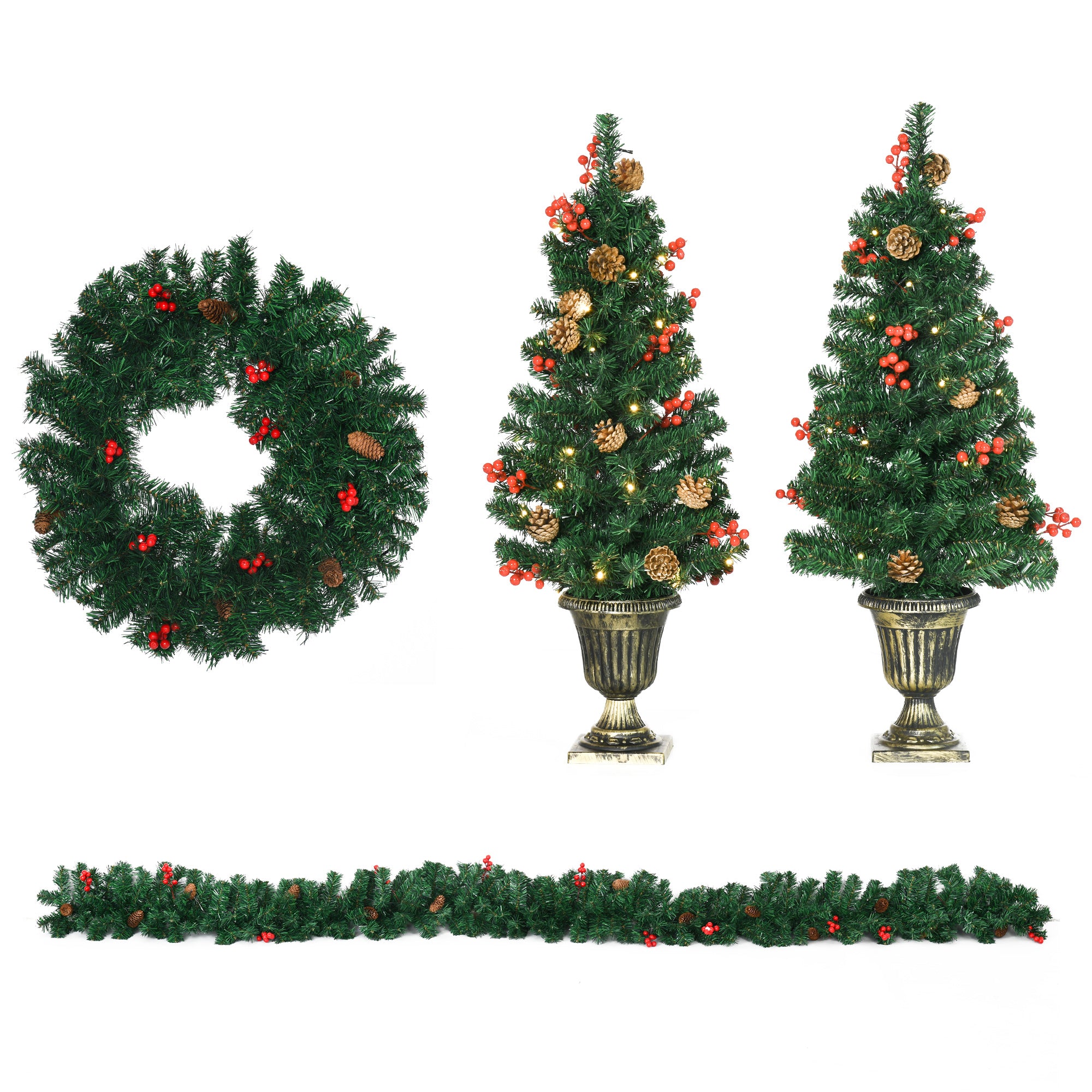 Image of Set Decorazioni Natalizie 4 Pezzi 2 Alberelli di Natale Ø40x90 cm Ghirlanda Natalizia e Corona di Natale