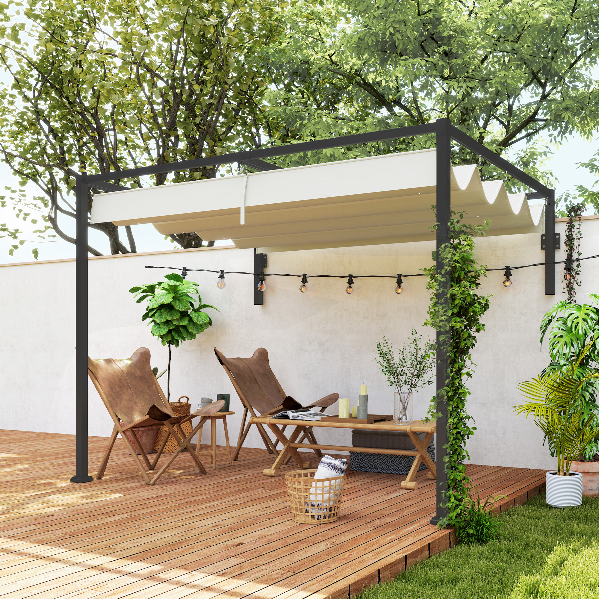Pergola 3x2 m con Tettuccio Retrattile e Fori di Drenaggio in Acciaio e Poliestere Crema...