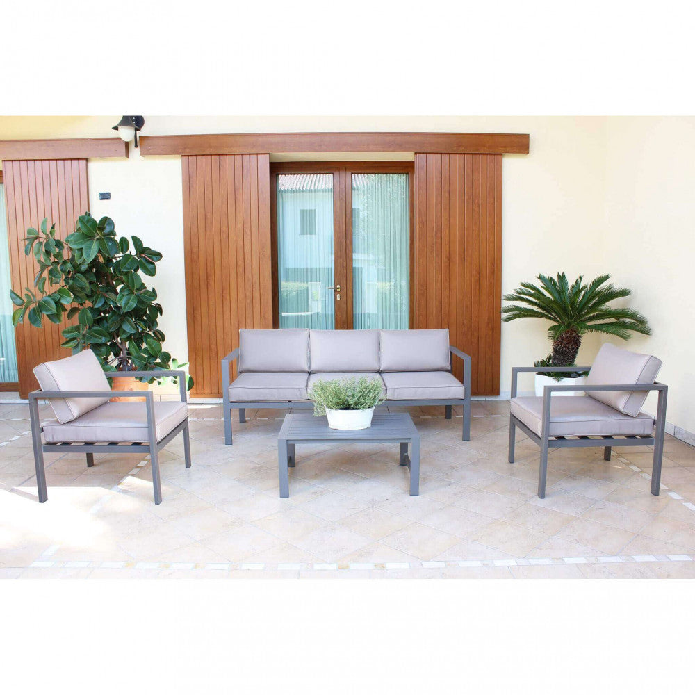 Set Salotto da Giardino Divano 2 Poltrone e Tavolino con Cuscini in Alluminio Taupe...