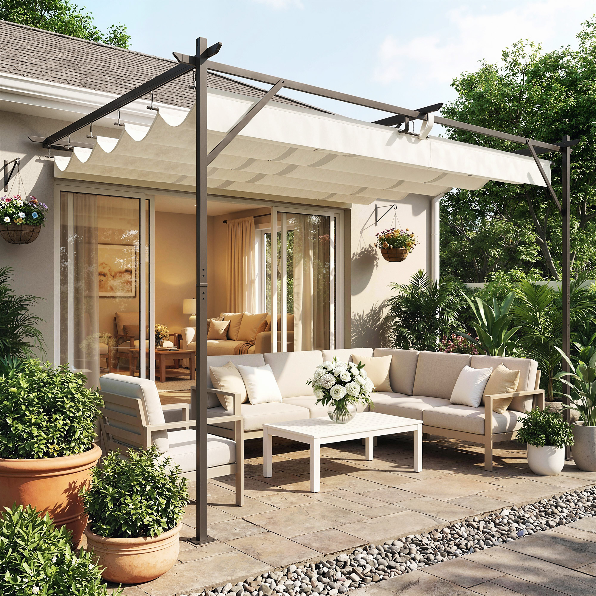 Pergola Addossata 3x4 m con Tetto Retrattile Scorrevole e Fori di Drenaggio Bianco Crema...