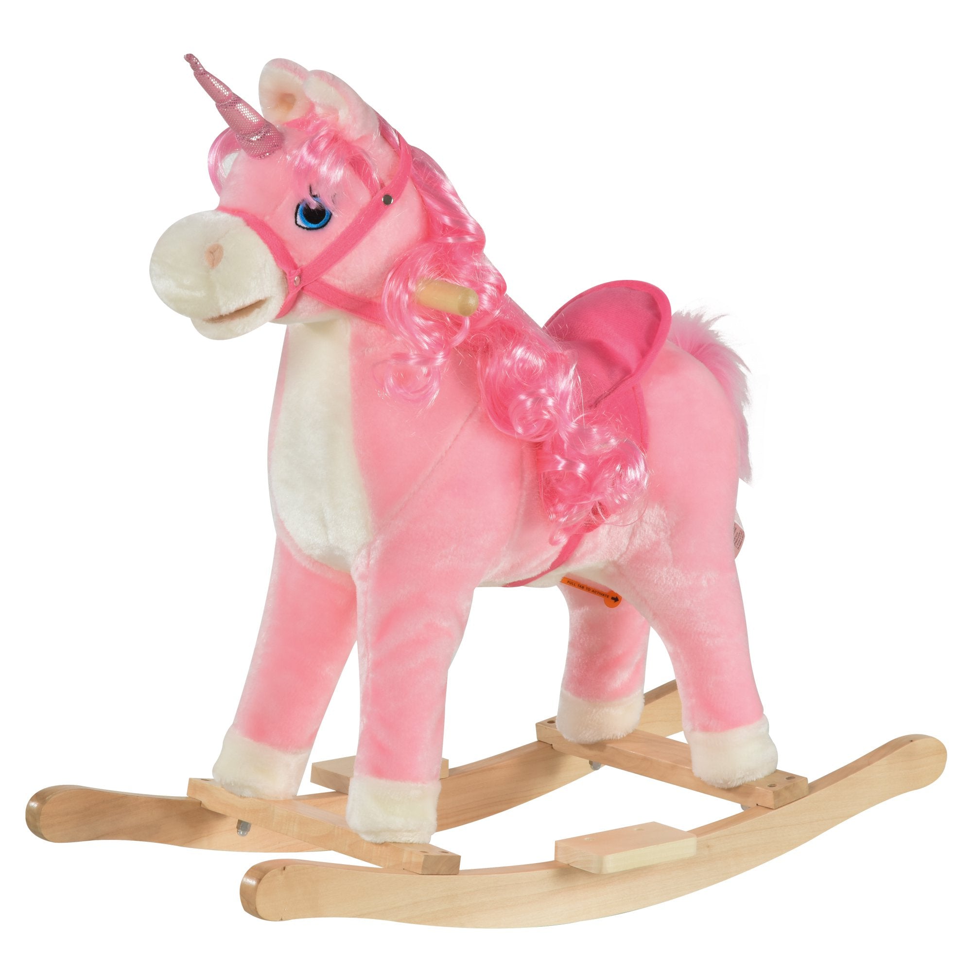 Image of Cavallo a Dondolo Unicorno per Bambini in Legno e Peluche Unicorno Rosa