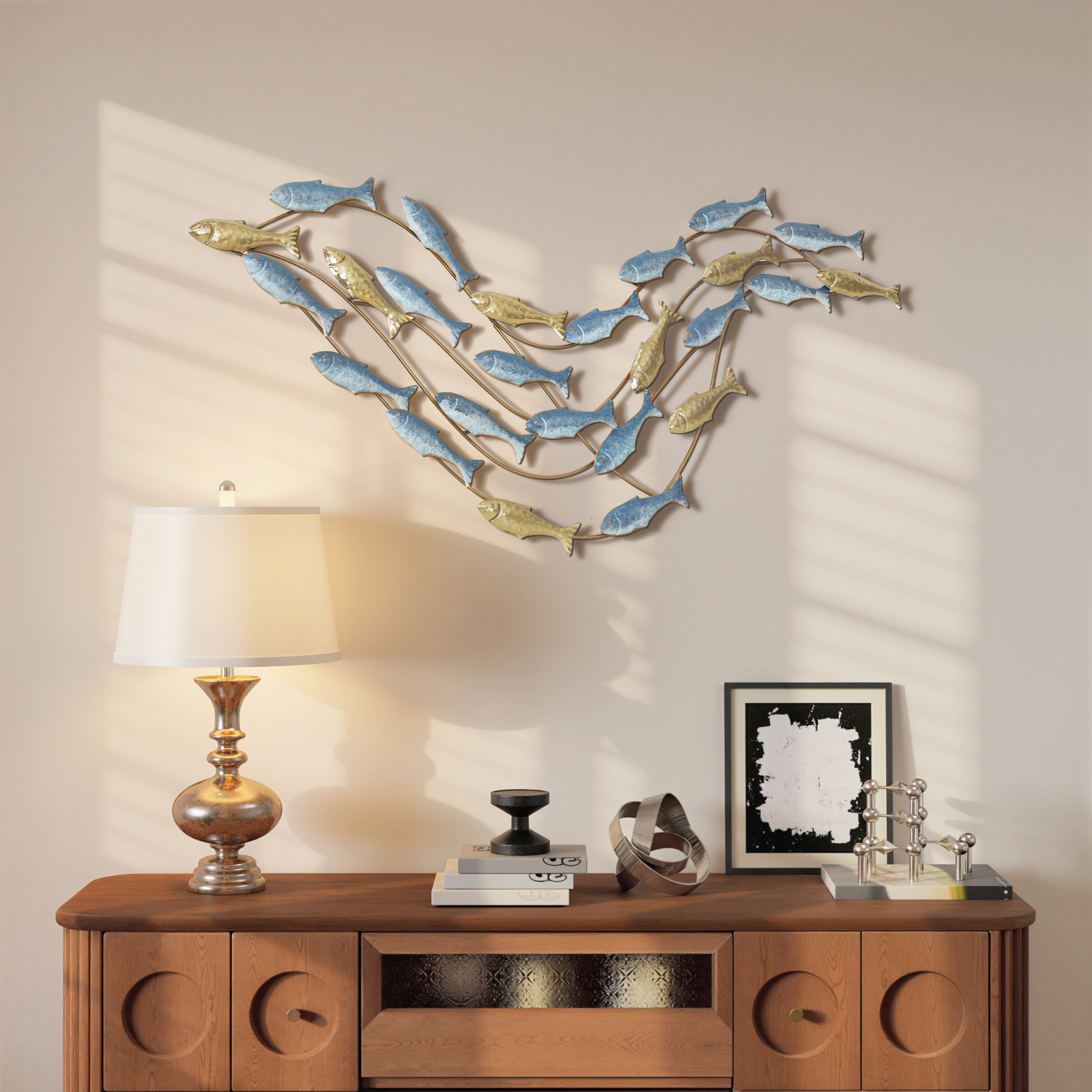 Wall Art Banco di Pesci 99,7x3,8x50,2 cm in Metallo con Viti Incluse Oro e Blu...