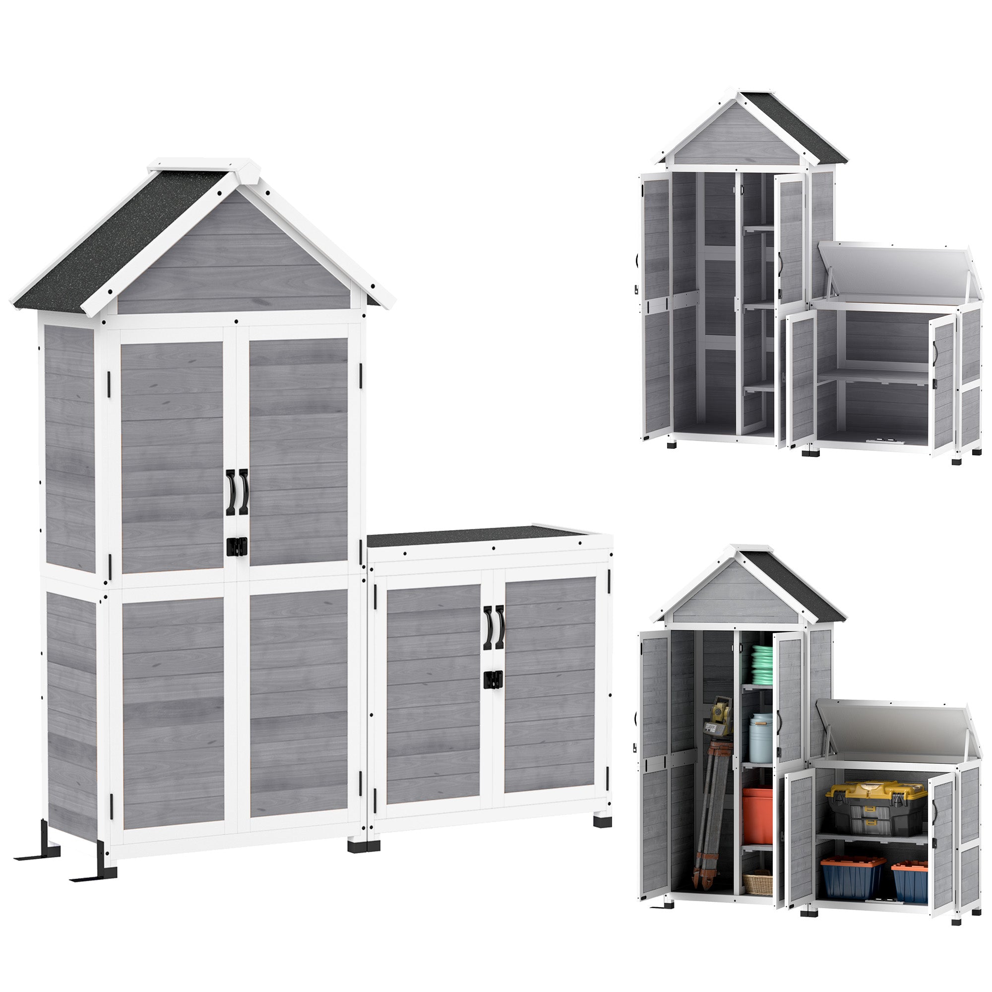 Set 2 Armadi Porta Attrezzi da Esterno Porte con Blocco in Legno di Abete Grigio Chiaro
