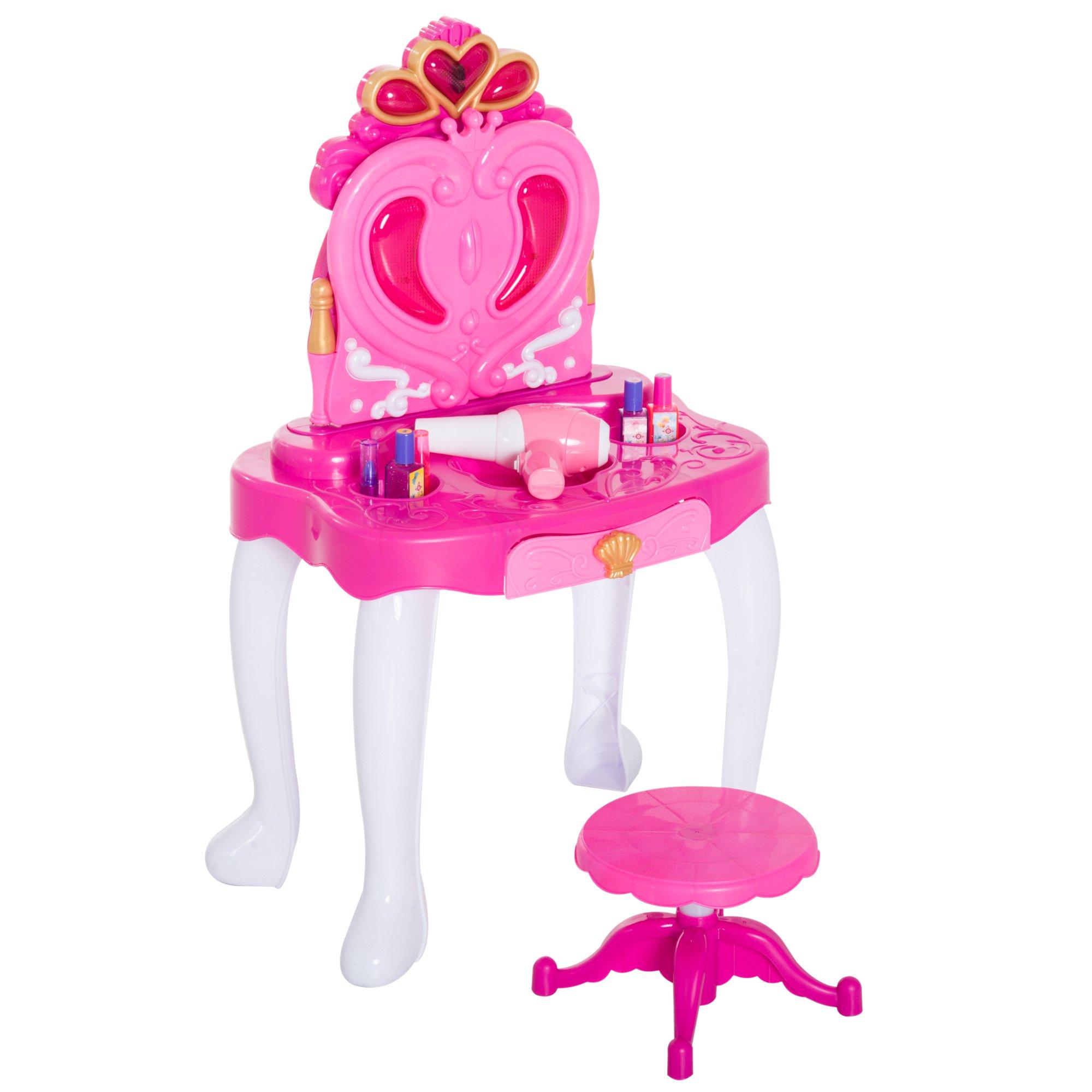 Specchiera con Cassetto e Sgabello Giocattolo per Bambine Rosa 