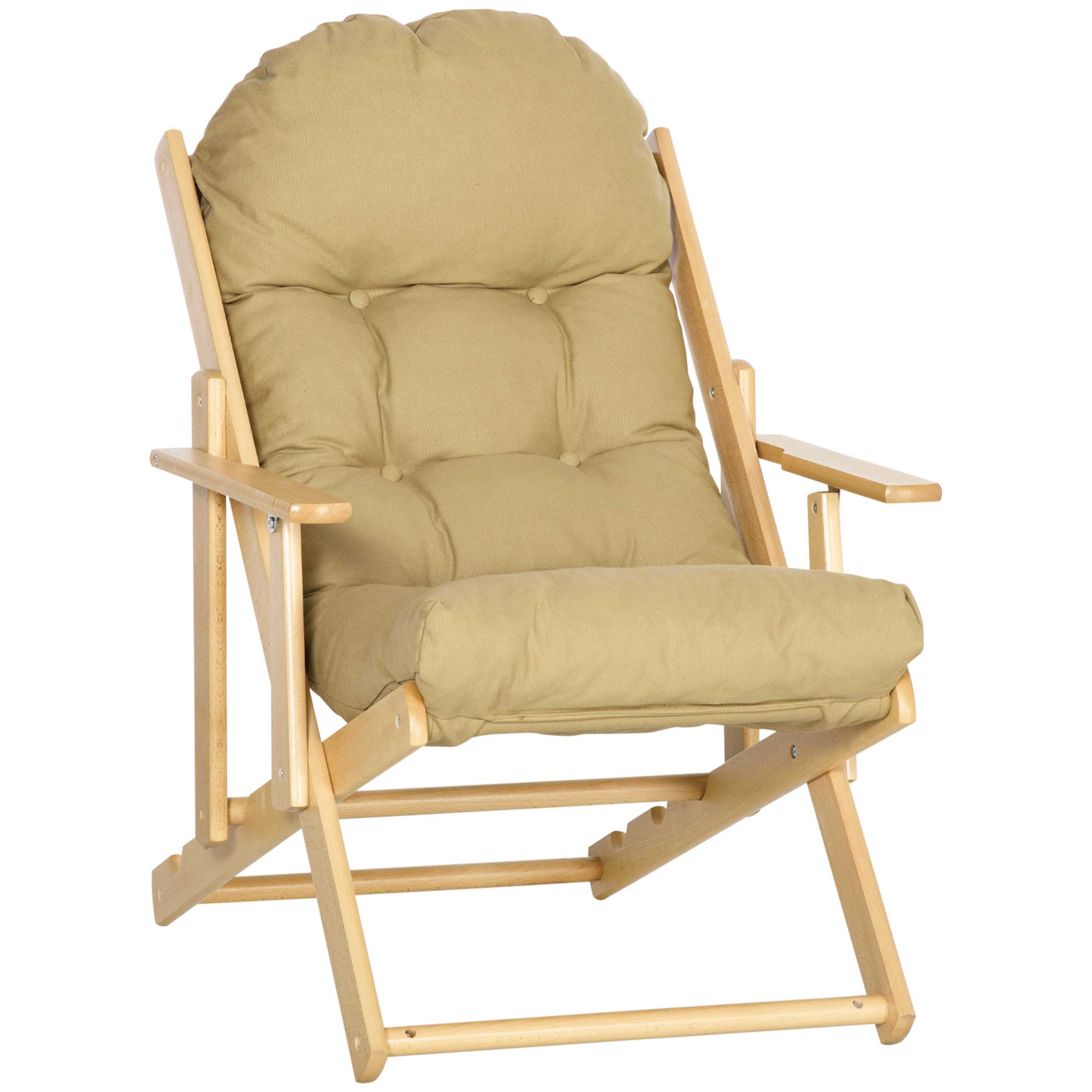 Image of Sedia Pieghevole con Braccioli e Cuscino 71x89x96 cm in Legno di Faggio e Tessuto Marrone