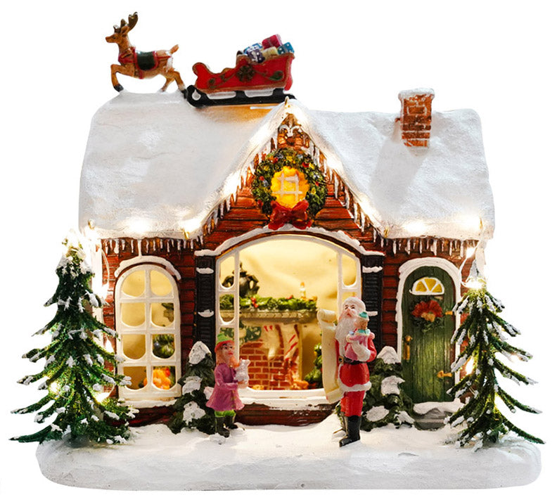 Casa di Babbo Natale 23x15x20,5 cm in Resina con Luci e Slitta...